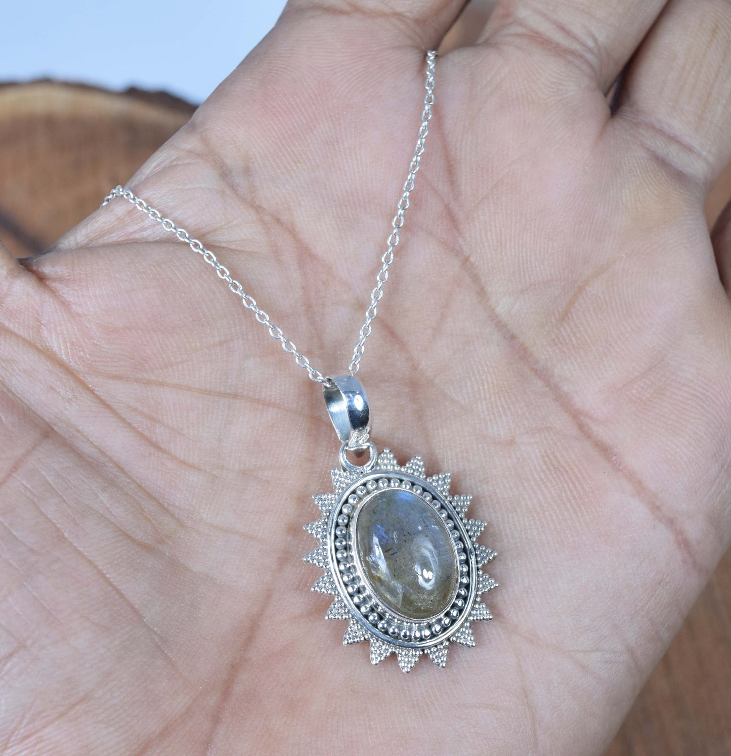925 Solid Sterling Silver Labradorite Chain Pendant-19 Inch
