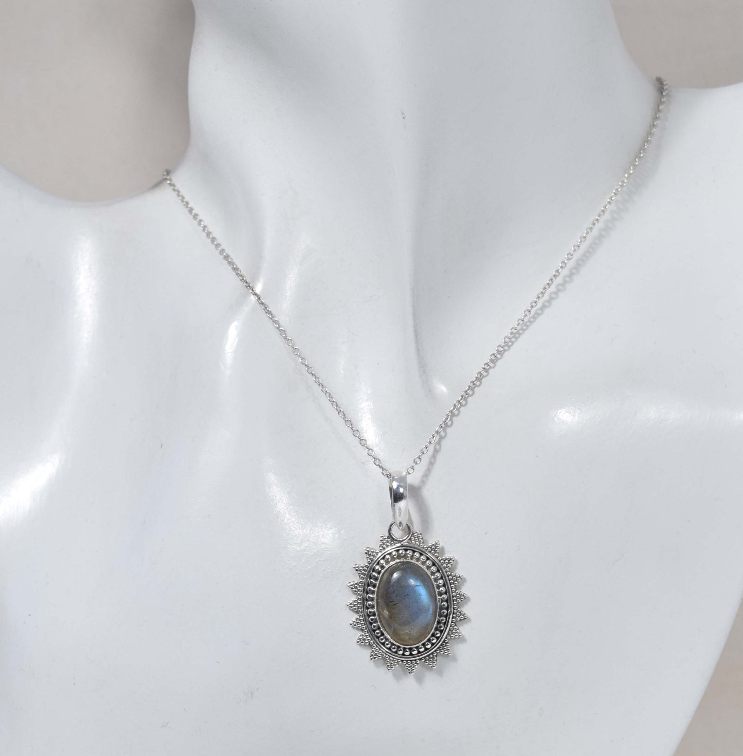 925 Solid Sterling Silver Labradorite Chain Pendant-19 Inch