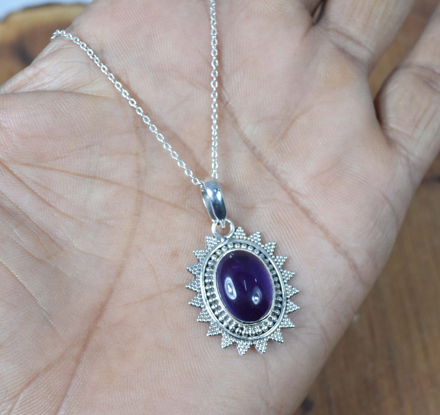 925 Solid Sterling Silver Purple Amethyst Chain Pendant-19 Inch