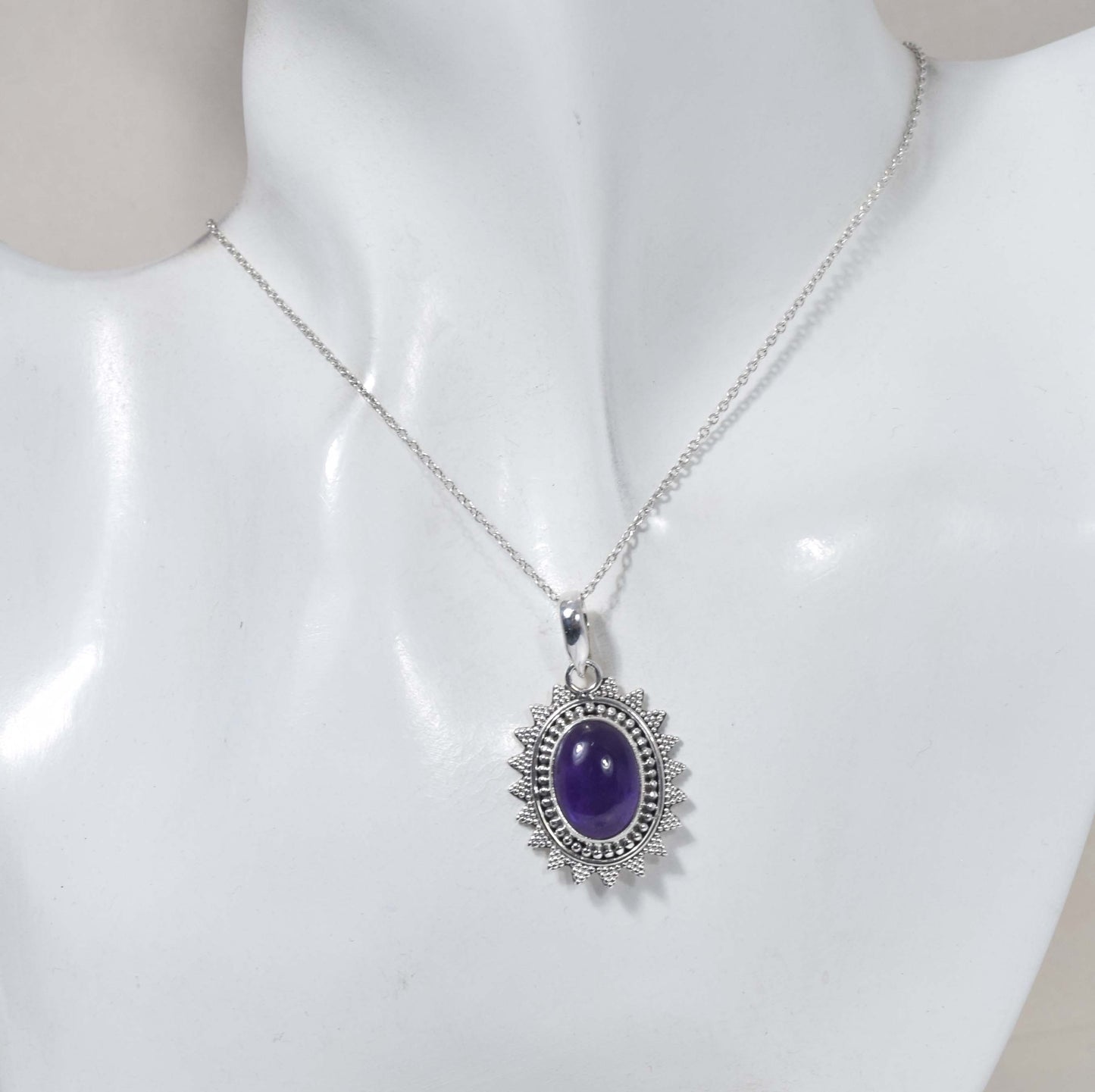 925 Solid Sterling Silver Purple Amethyst Chain Pendant-19 Inch