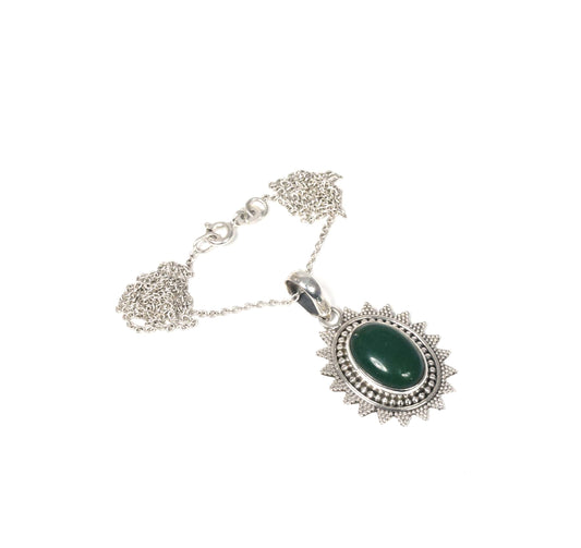 925 Solid Sterling Silver Green Onyx Chain Pendant-19 Inch