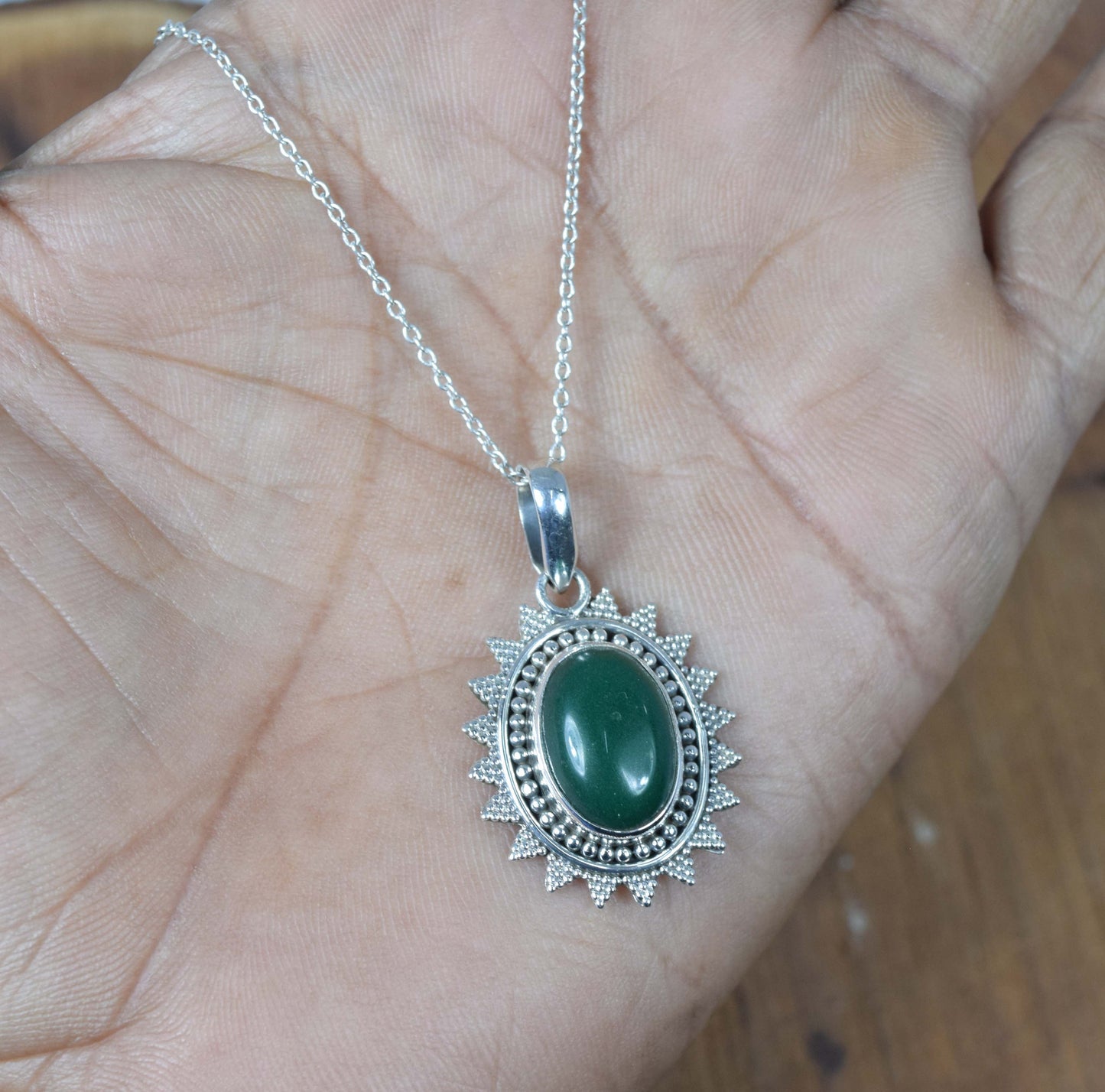 925 Solid Sterling Silver Green Onyx Chain Pendant-19 Inch