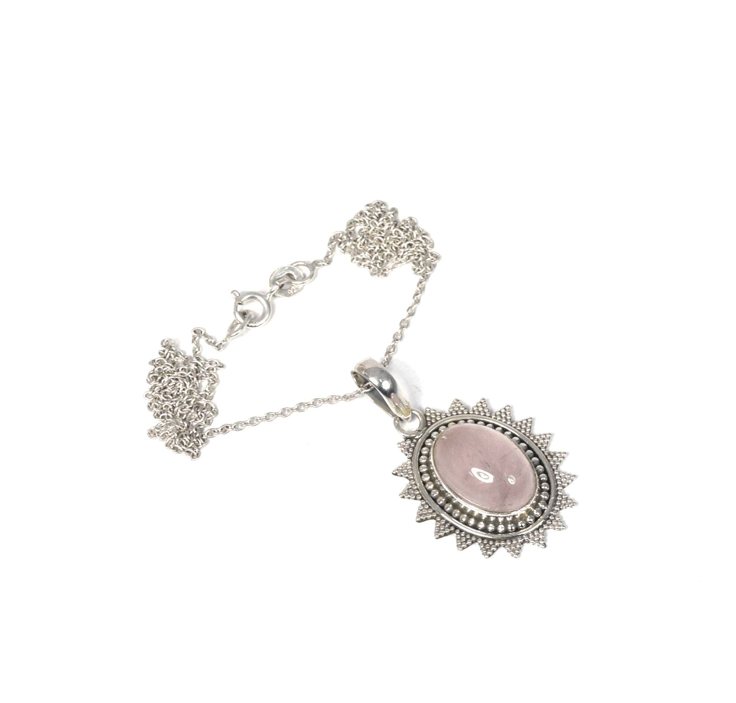 925 Solid Sterling Silver Pink Rose Quartz Chain Pendant-19 Inch