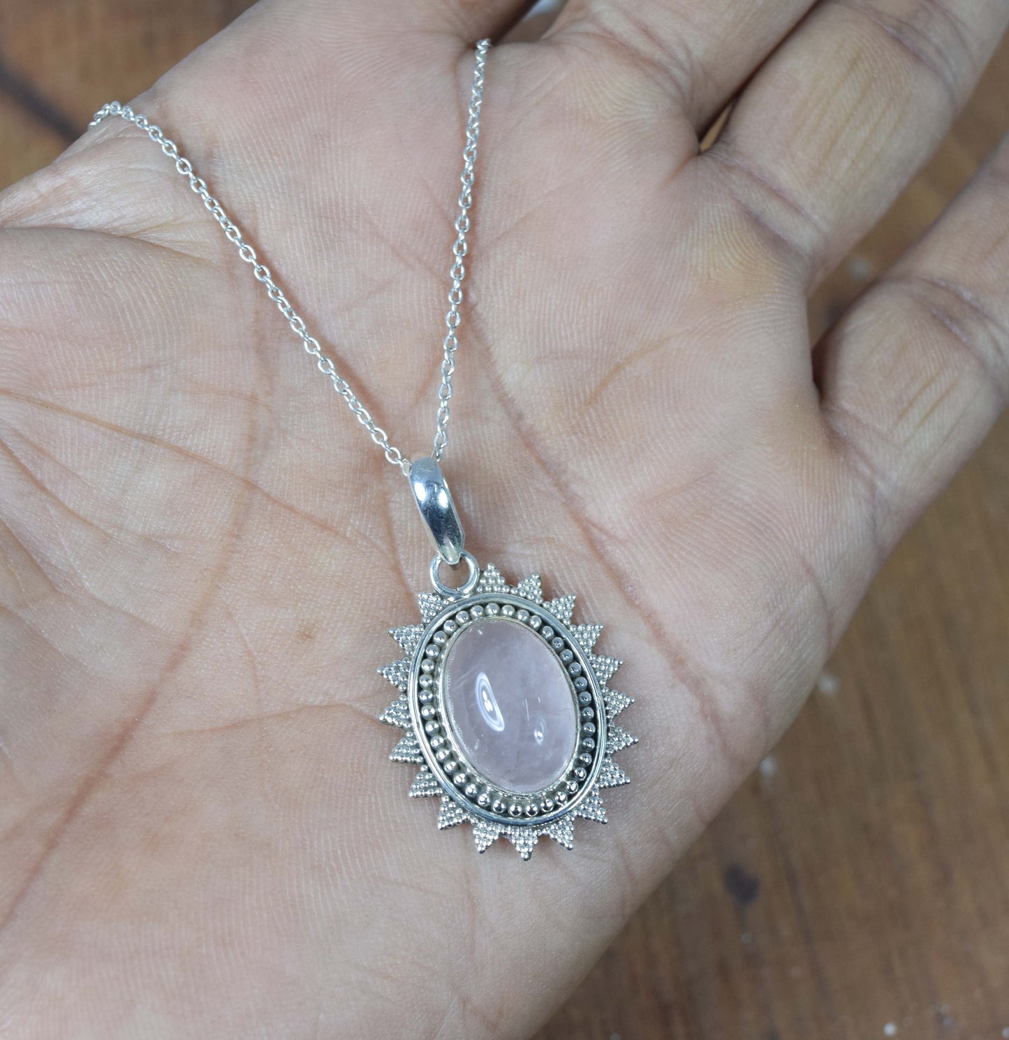 925 Solid Sterling Silver Pink Rose Quartz Chain Pendant-19 Inch