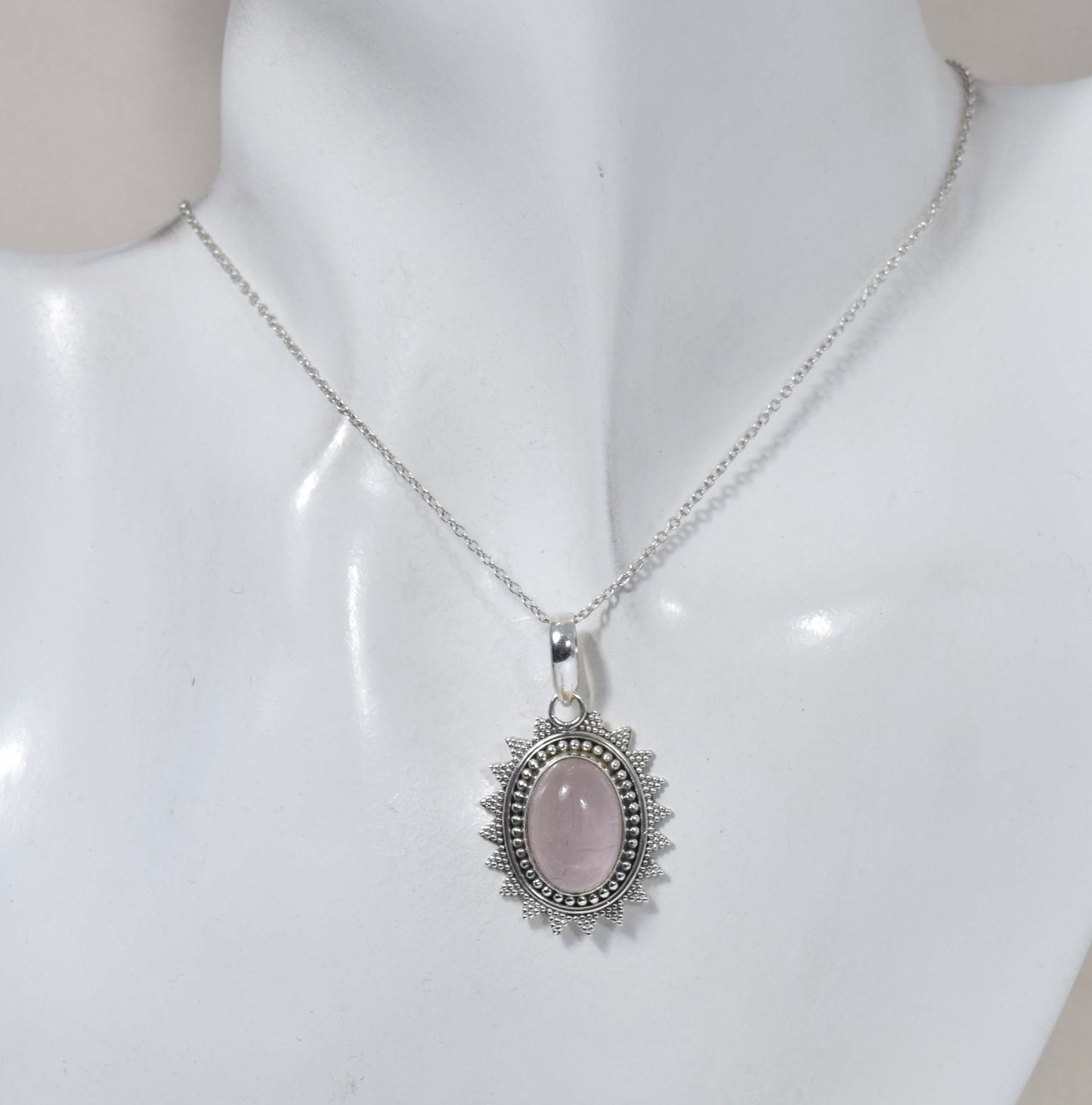 925 Solid Sterling Silver Pink Rose Quartz Chain Pendant-19 Inch