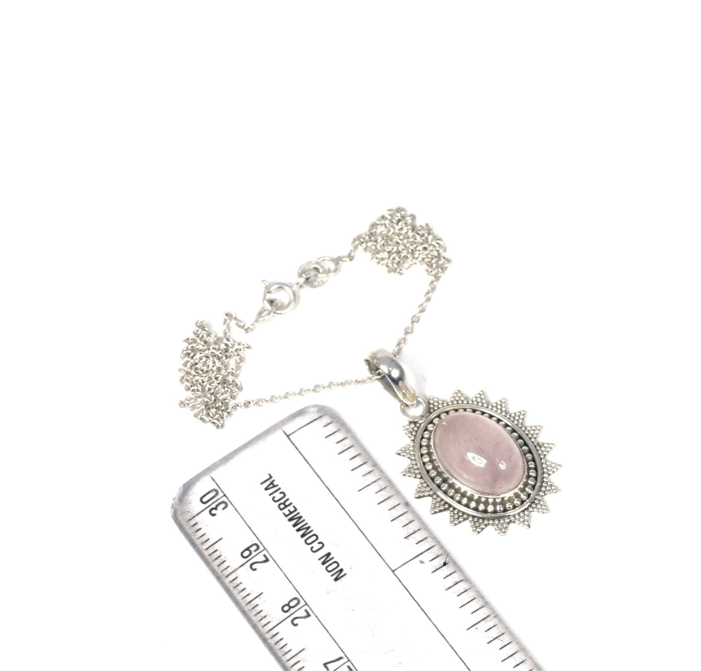 925 Solid Sterling Silver Pink Rose Quartz Chain Pendant-19 Inch