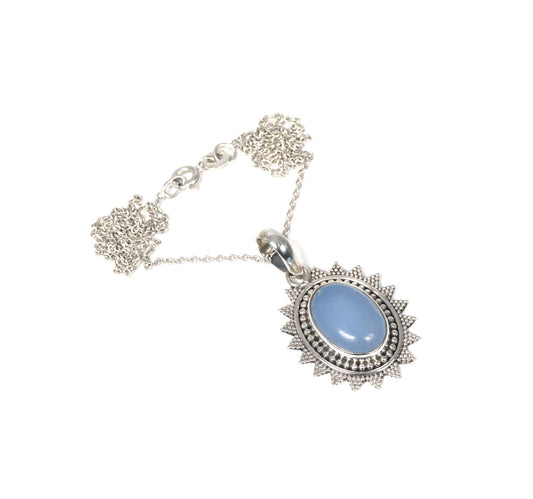 925 Solid Sterling Silver Blue Chalcedony Chain Pendant-19 Inch