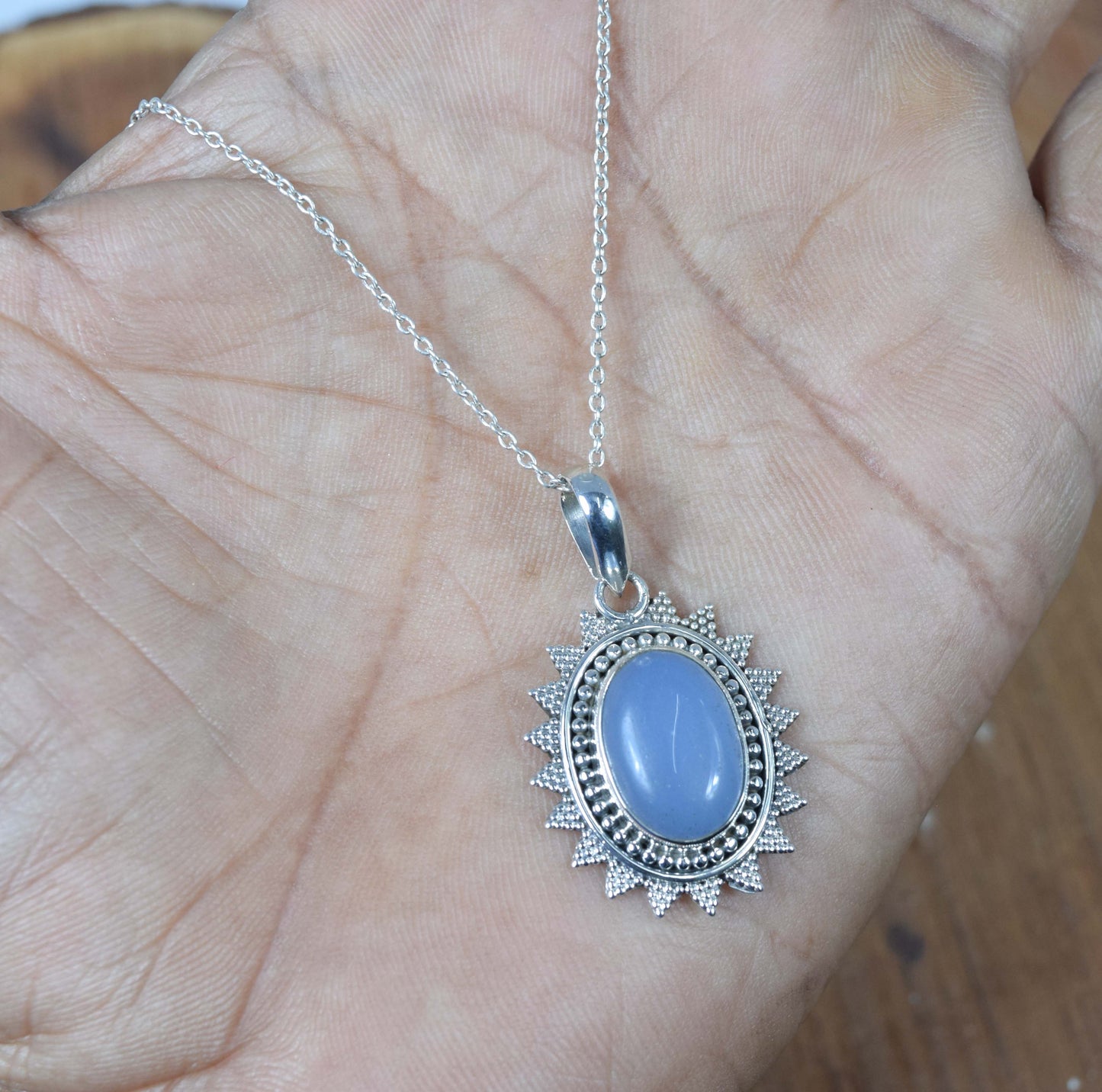 925 Solid Sterling Silver Blue Chalcedony Chain Pendant-19 Inch