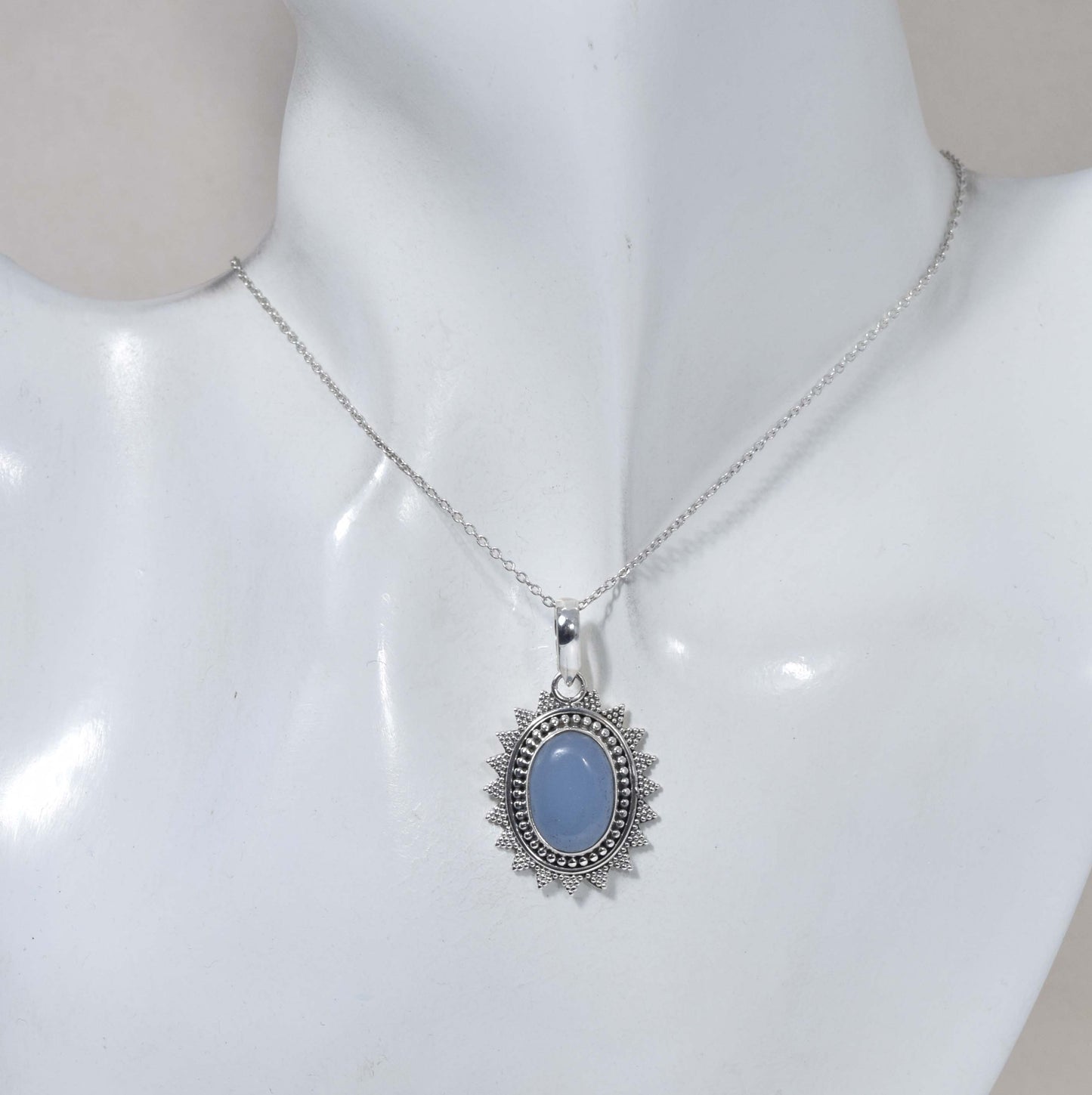925 Solid Sterling Silver Blue Chalcedony Chain Pendant-19 Inch