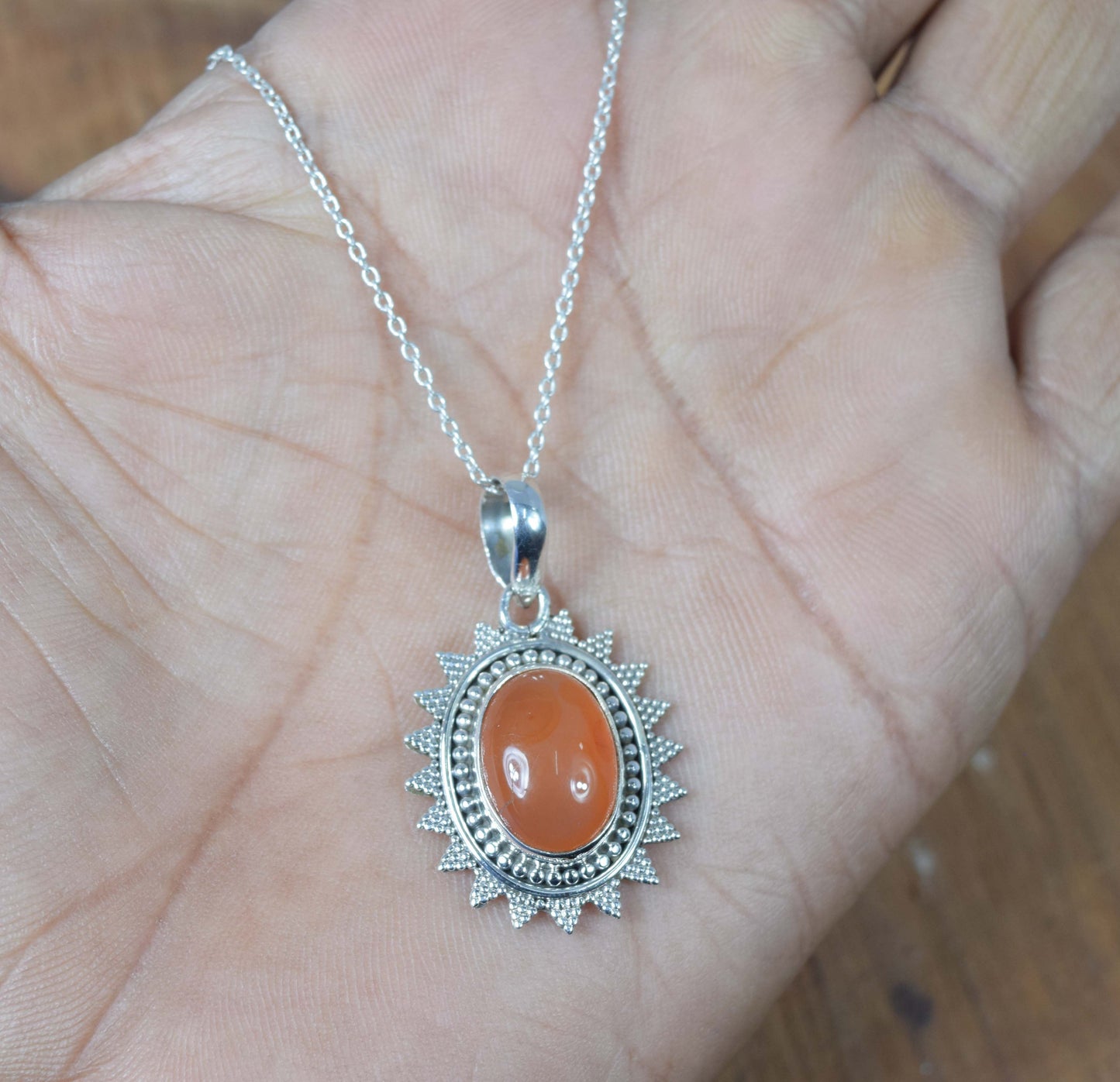 925 Solid Sterling Silver Red Carnelian Chain Pendant-19 Inch