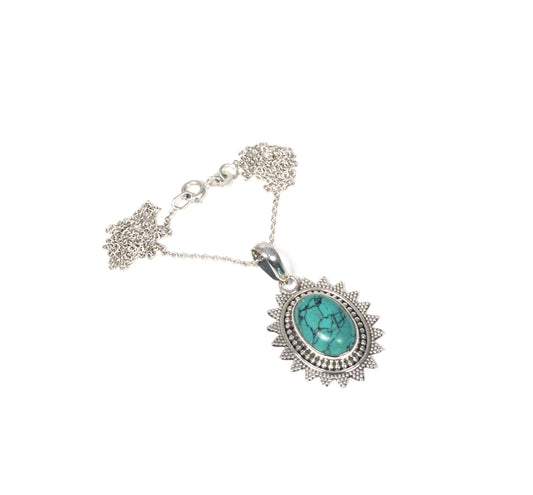 925 Solid Sterling Silver Turquoise Chain Pendant-19 Inch