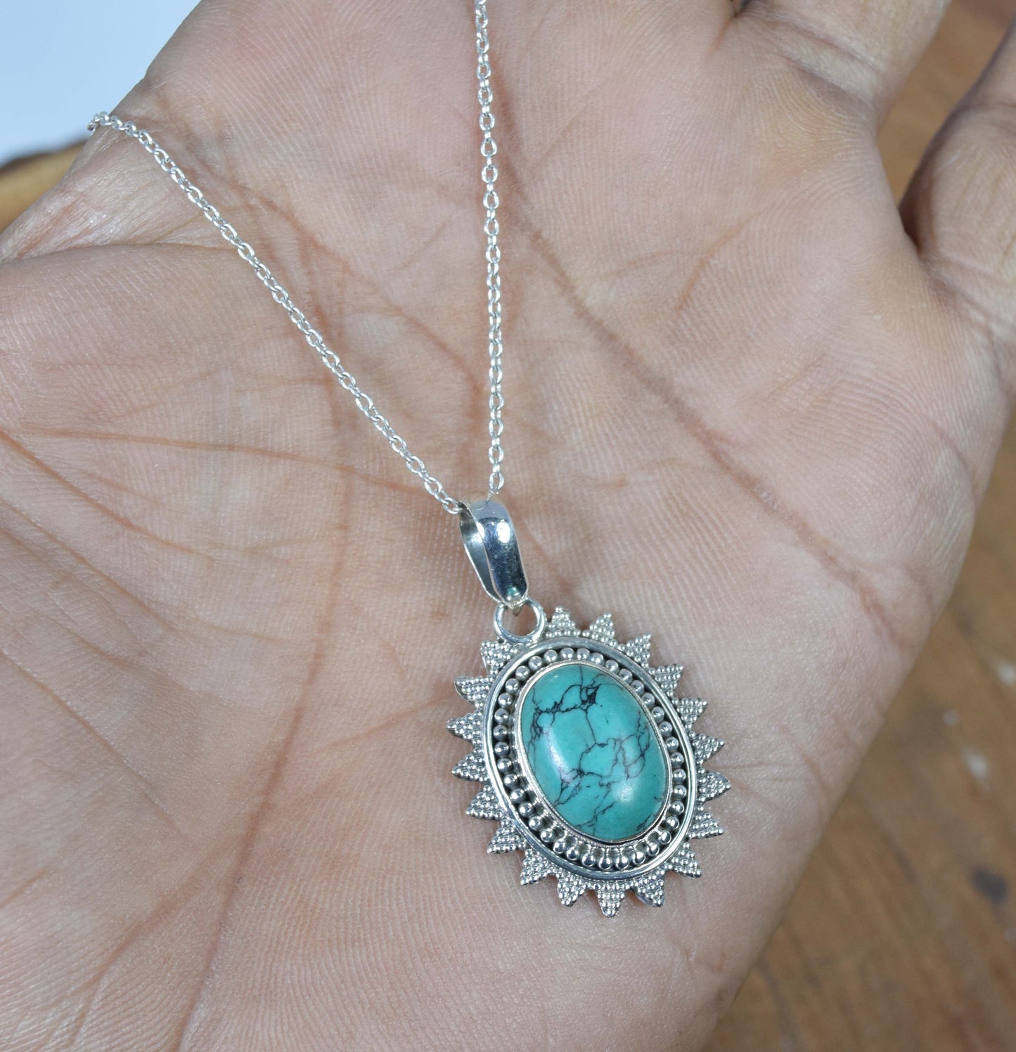 925 Solid Sterling Silver Turquoise Chain Pendant-19 Inch