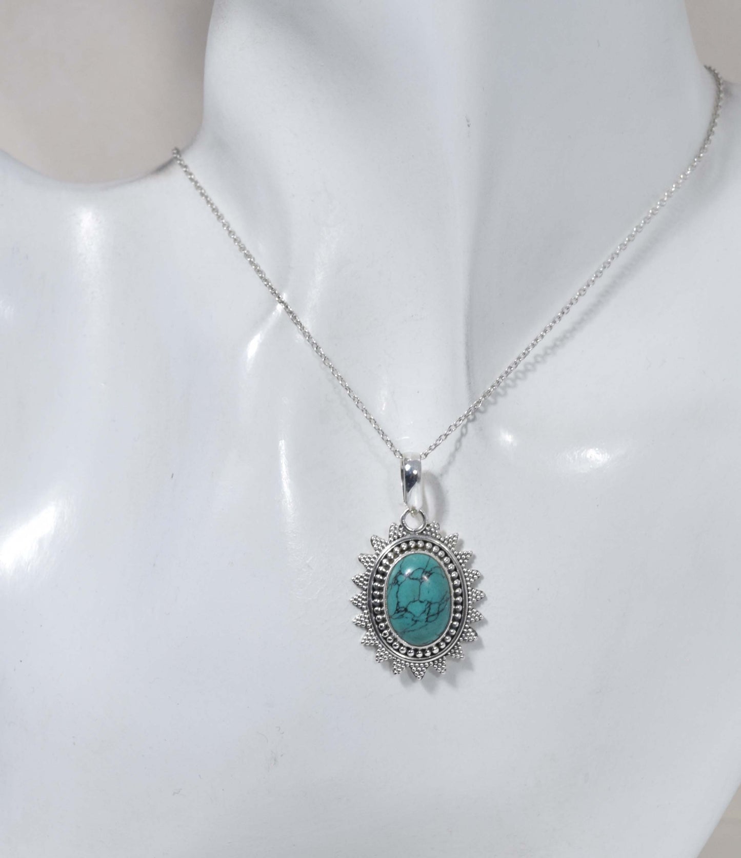 925 Solid Sterling Silver Turquoise Chain Pendant-19 Inch
