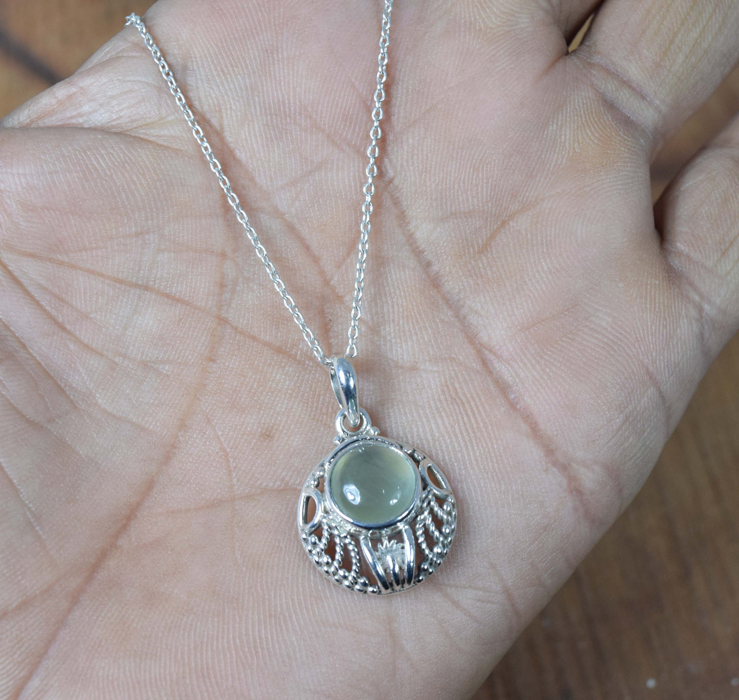 925 Solid Sterling Silver Green Prehnite Chain Pendant-18.8 Inch
