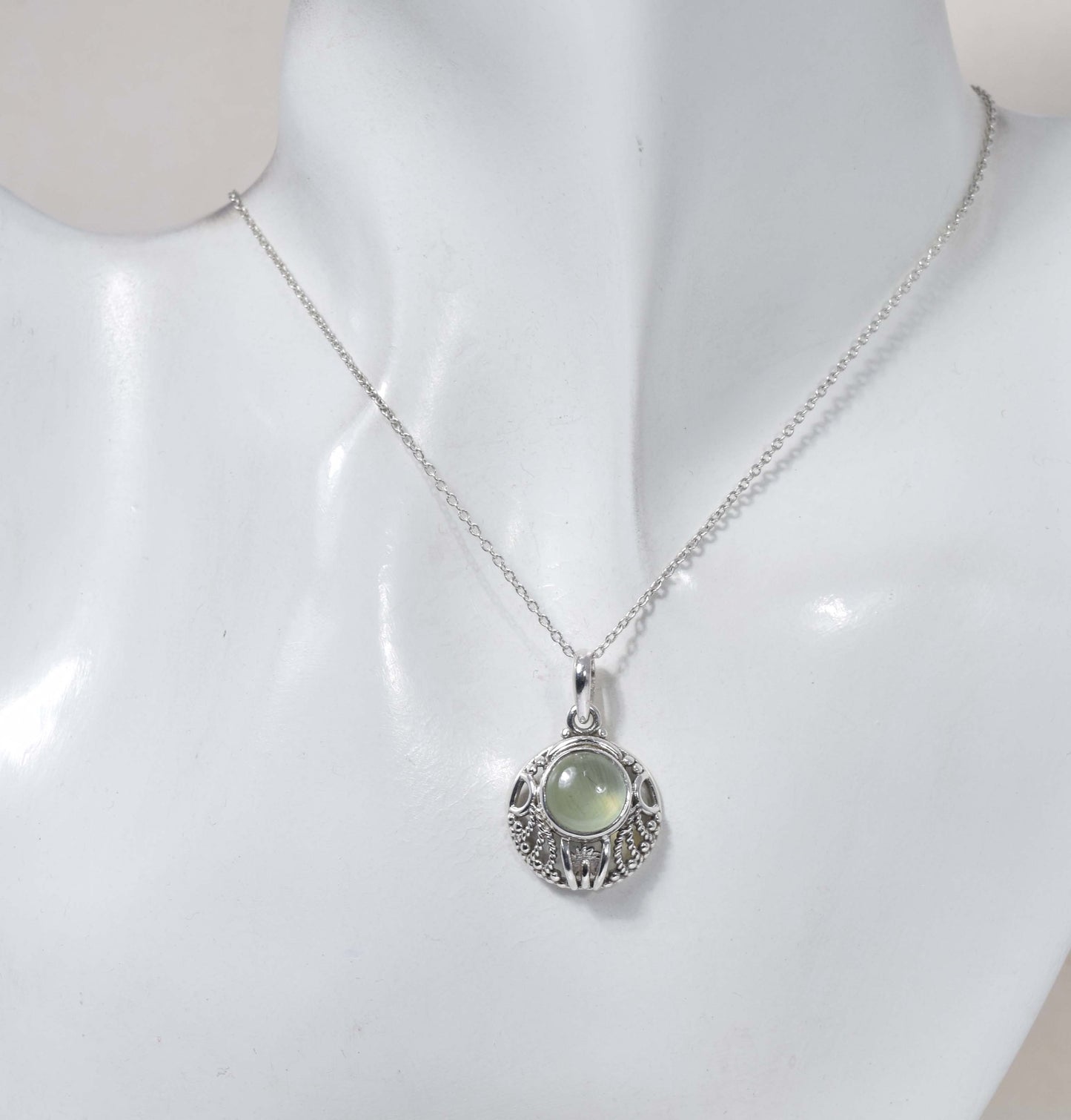 925 Solid Sterling Silver Green Prehnite Chain Pendant-18.8 Inch