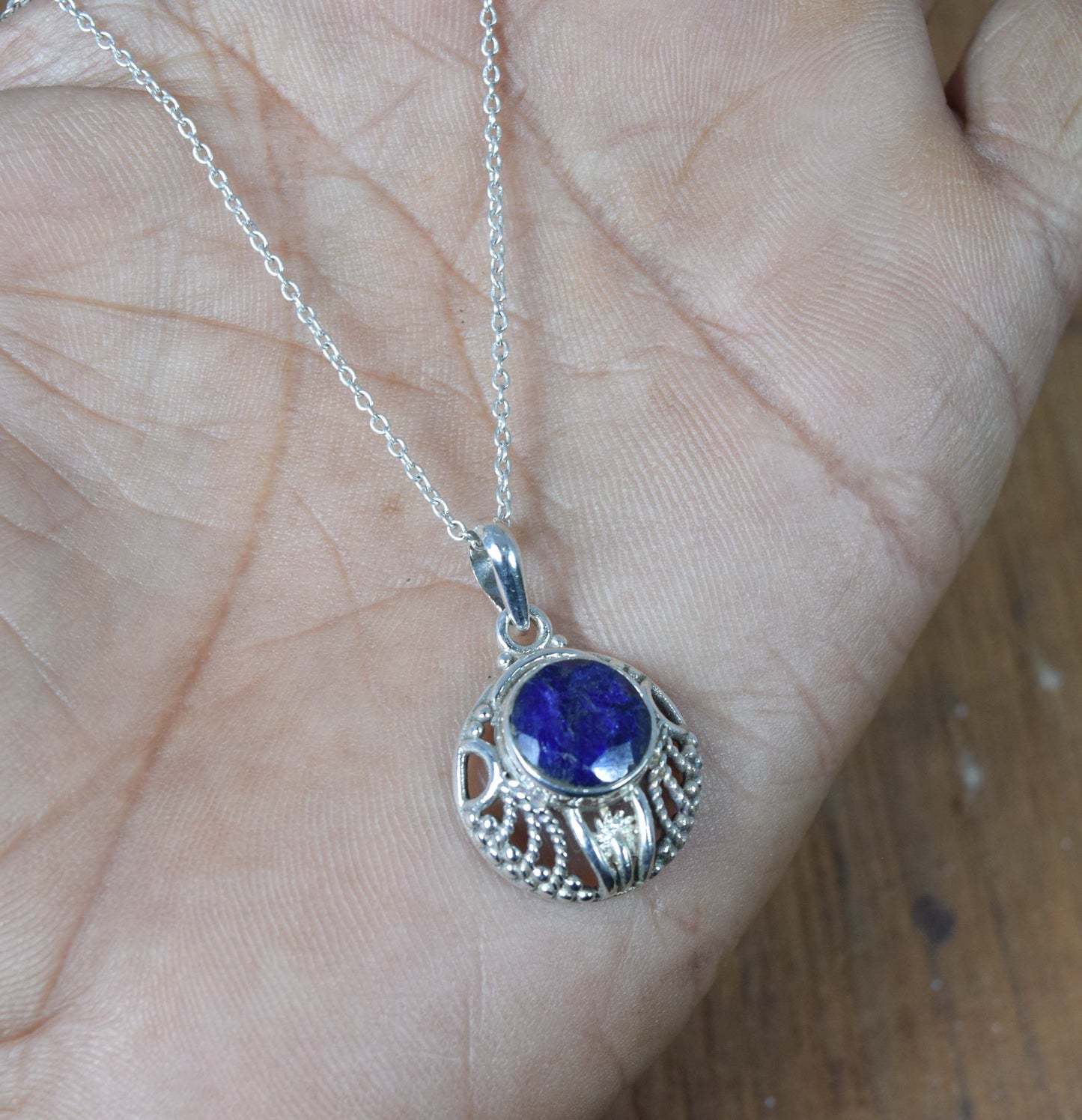 925 Solid Sterling Silver Cut Simulated Sapphire Chain Pendant-18.8 Inch