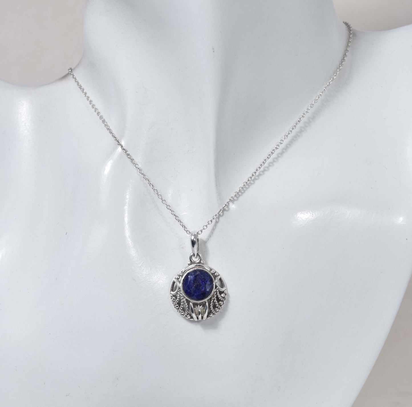 925 Solid Sterling Silver Cut Simulated Sapphire Chain Pendant-18.8 Inch