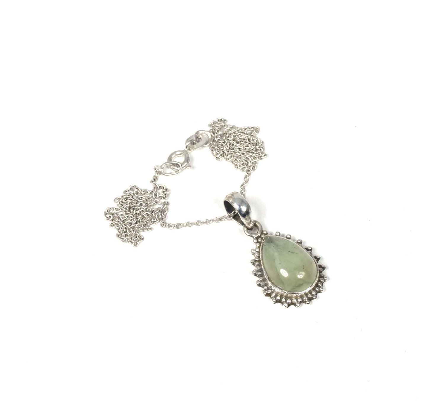 925 Solid Sterling Silver Green Prehnite Chain Pendant-19 Inch