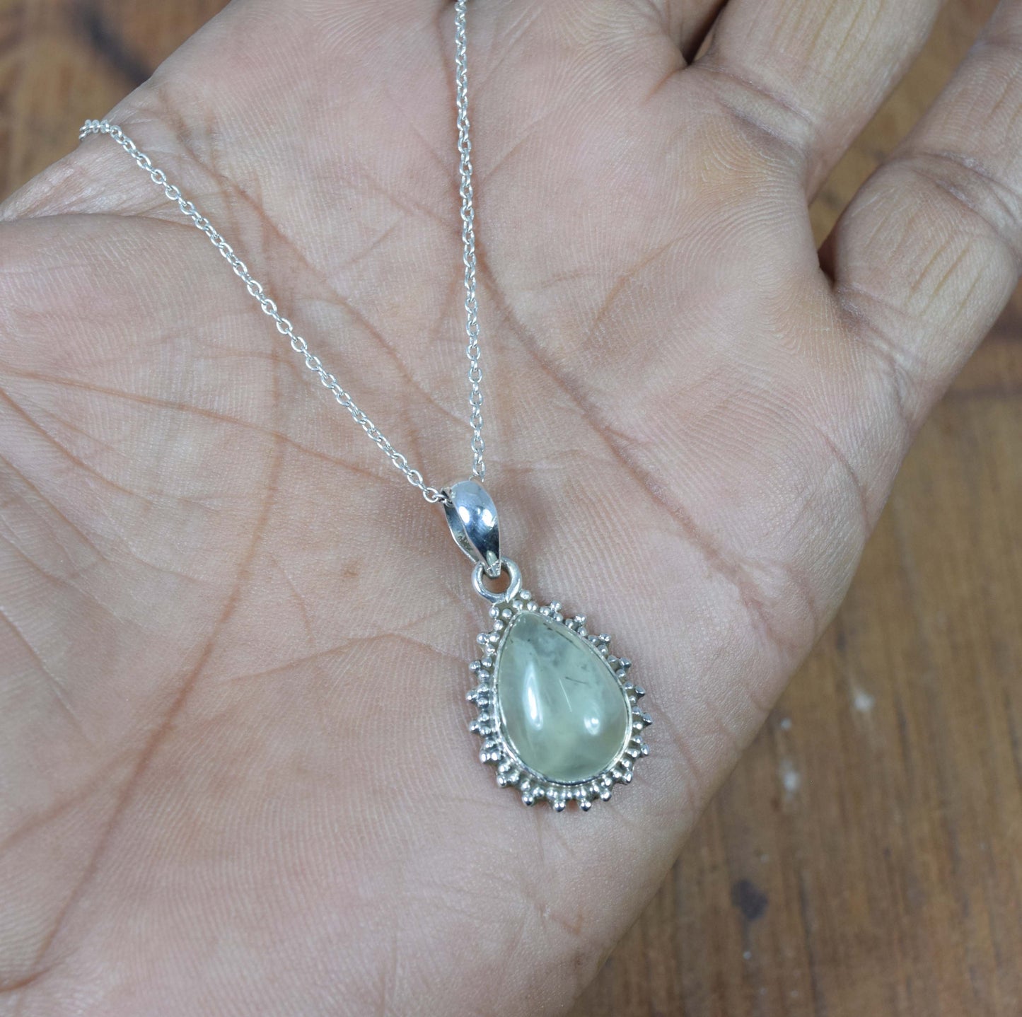 925 Solid Sterling Silver Green Prehnite Chain Pendant-19 Inch