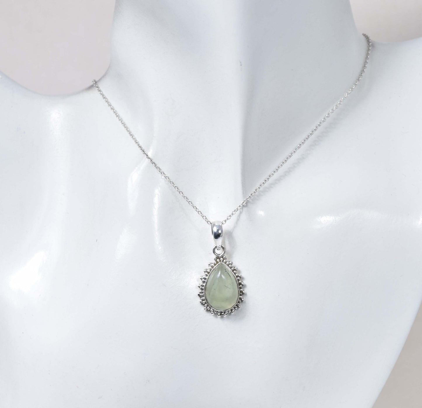 925 Solid Sterling Silver Green Prehnite Chain Pendant-19 Inch