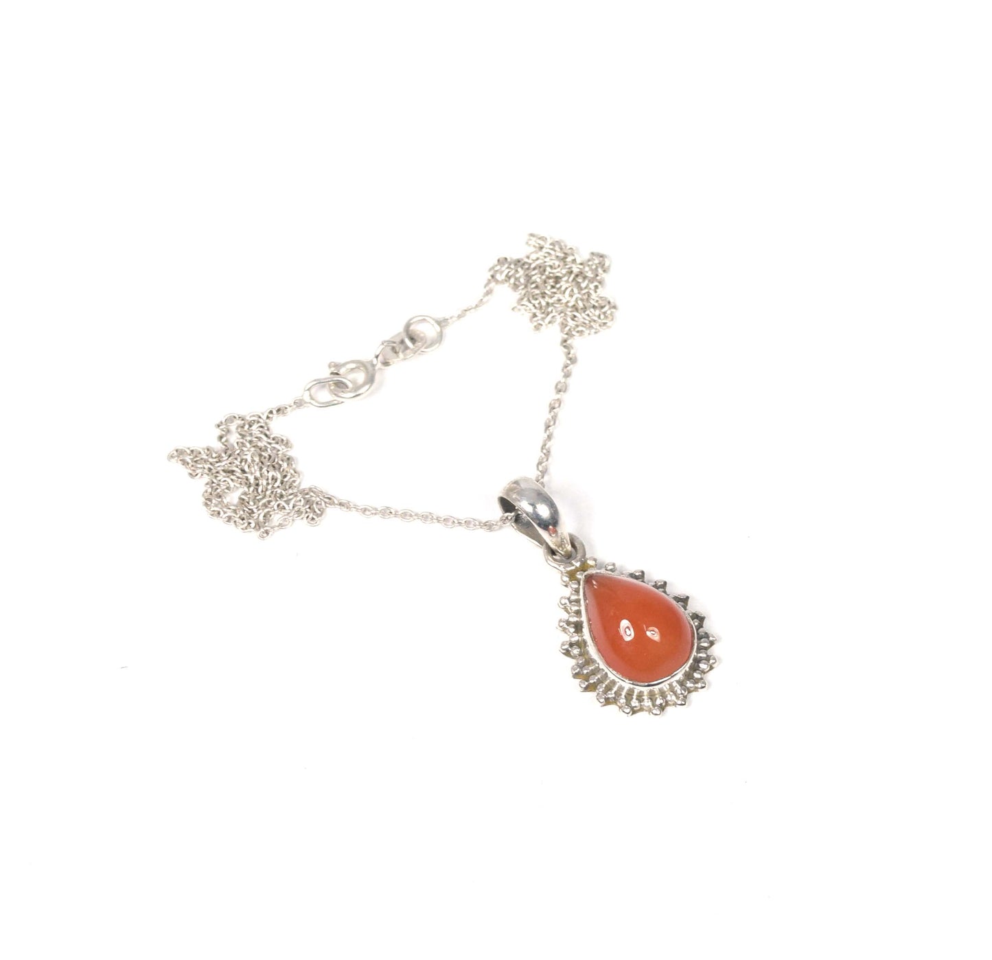 925 Solid Sterling Silver Red Carnelian Chain Pendant-19 Inch
