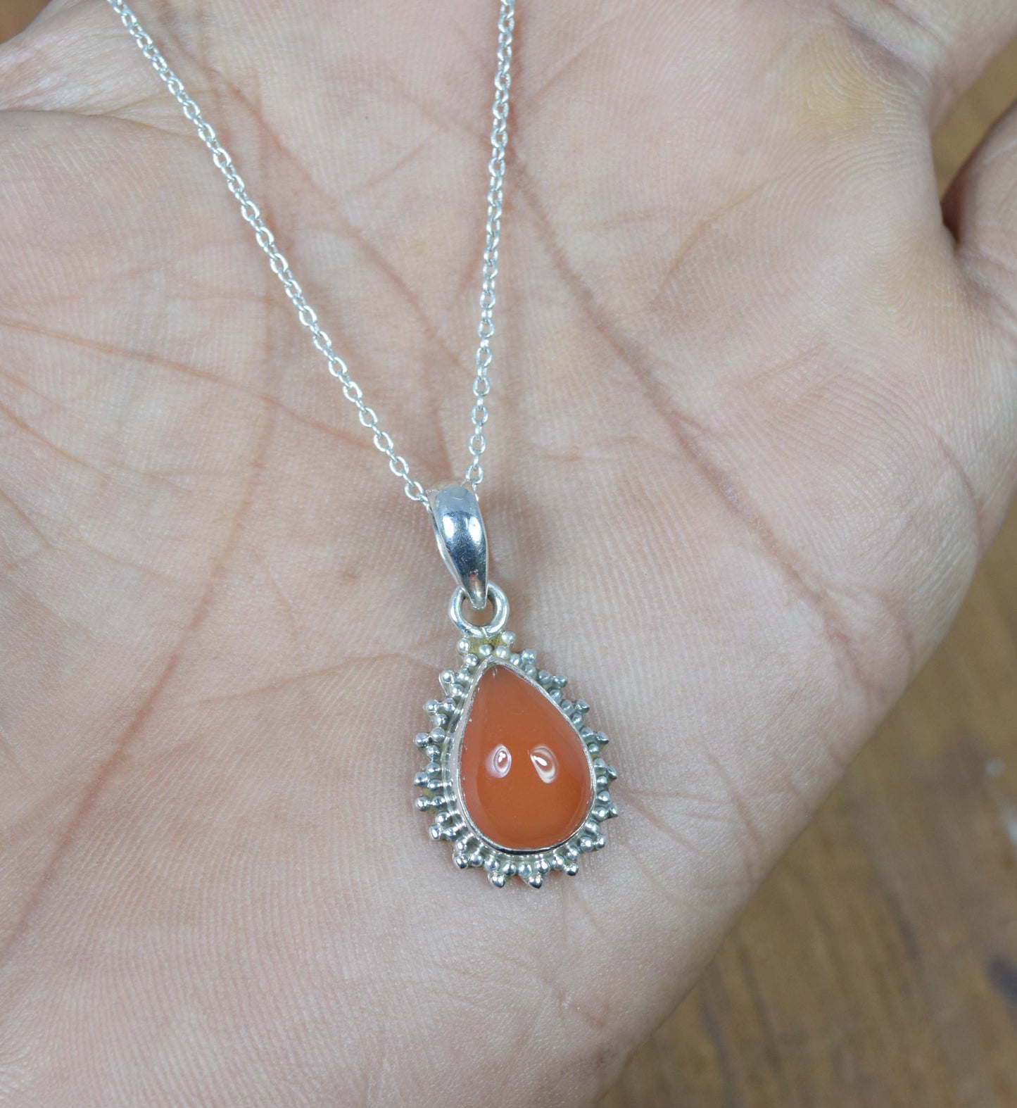 925 Solid Sterling Silver Red Carnelian Chain Pendant-19 Inch
