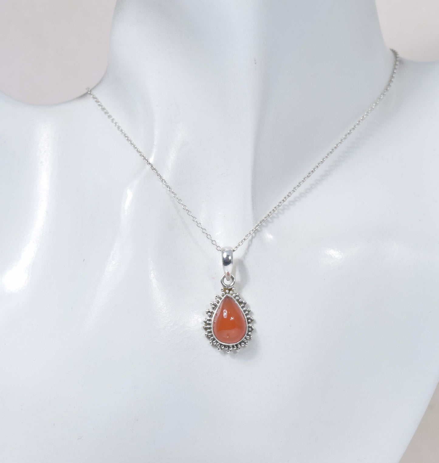 925 Solid Sterling Silver Red Carnelian Chain Pendant-19 Inch