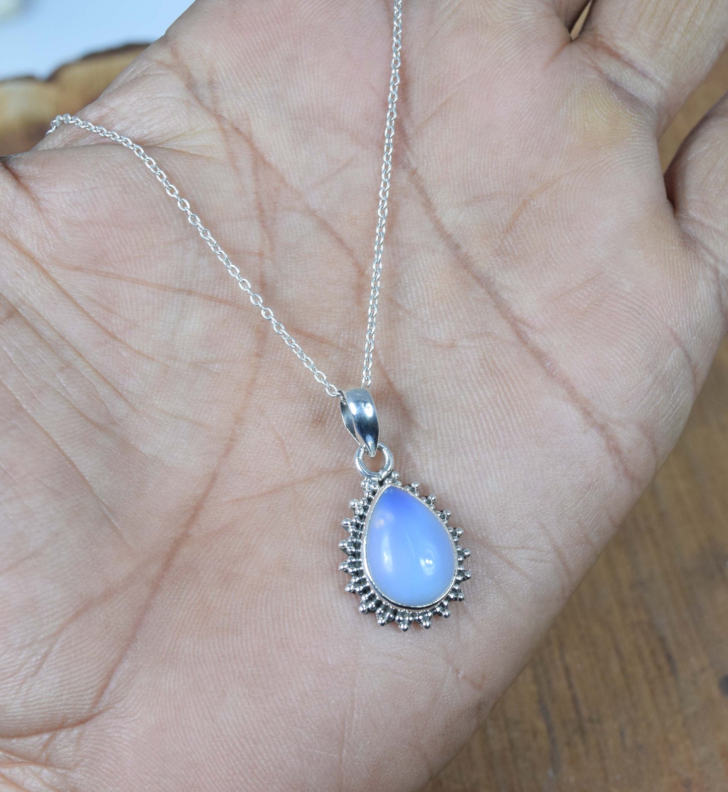925 Solid Sterling Silver Milky Opalite Chain Pendant-19 Inch