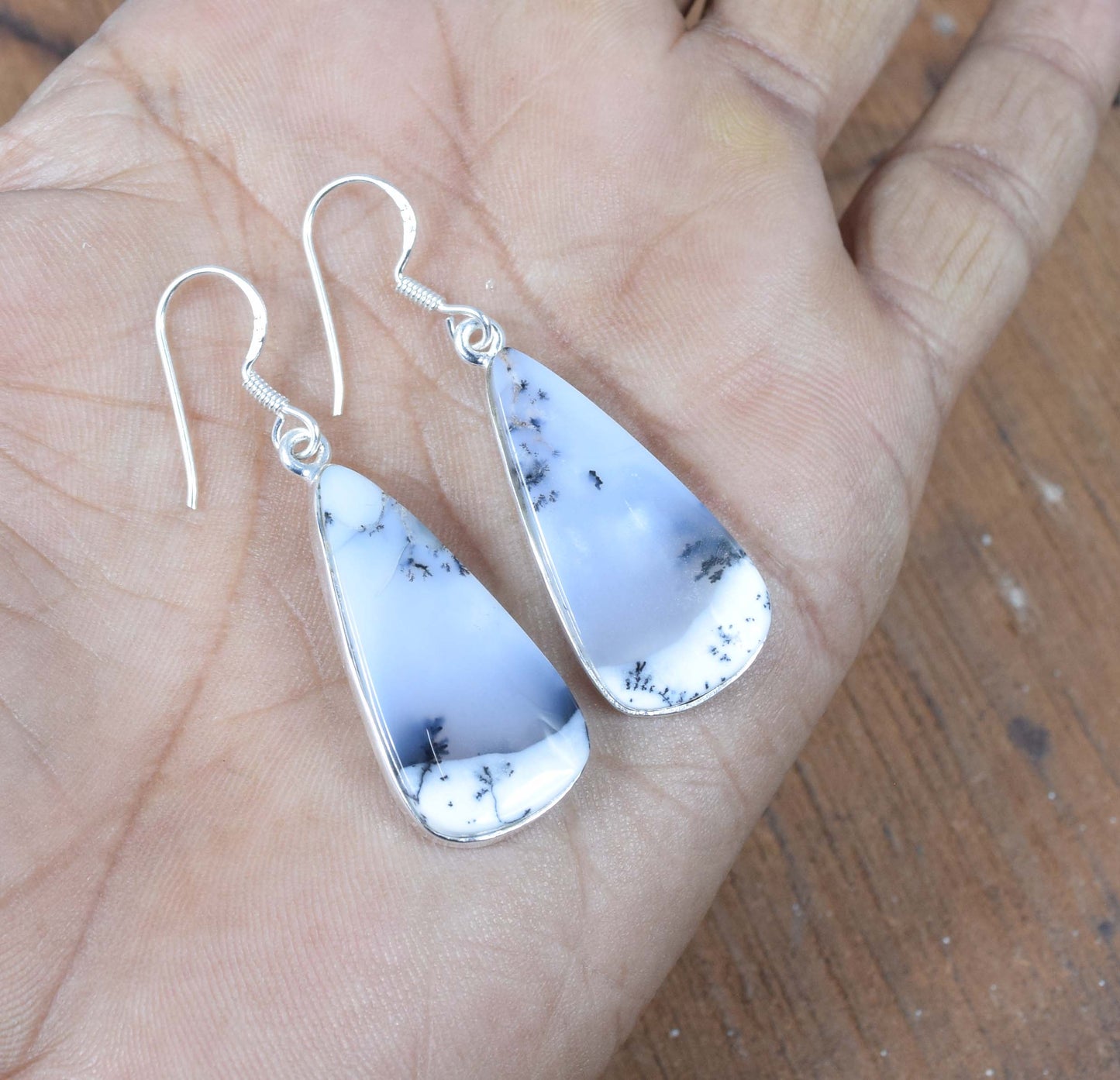 925 Solid Sterling Silver Dendrite Opal Hook Earring-1.7 Inch