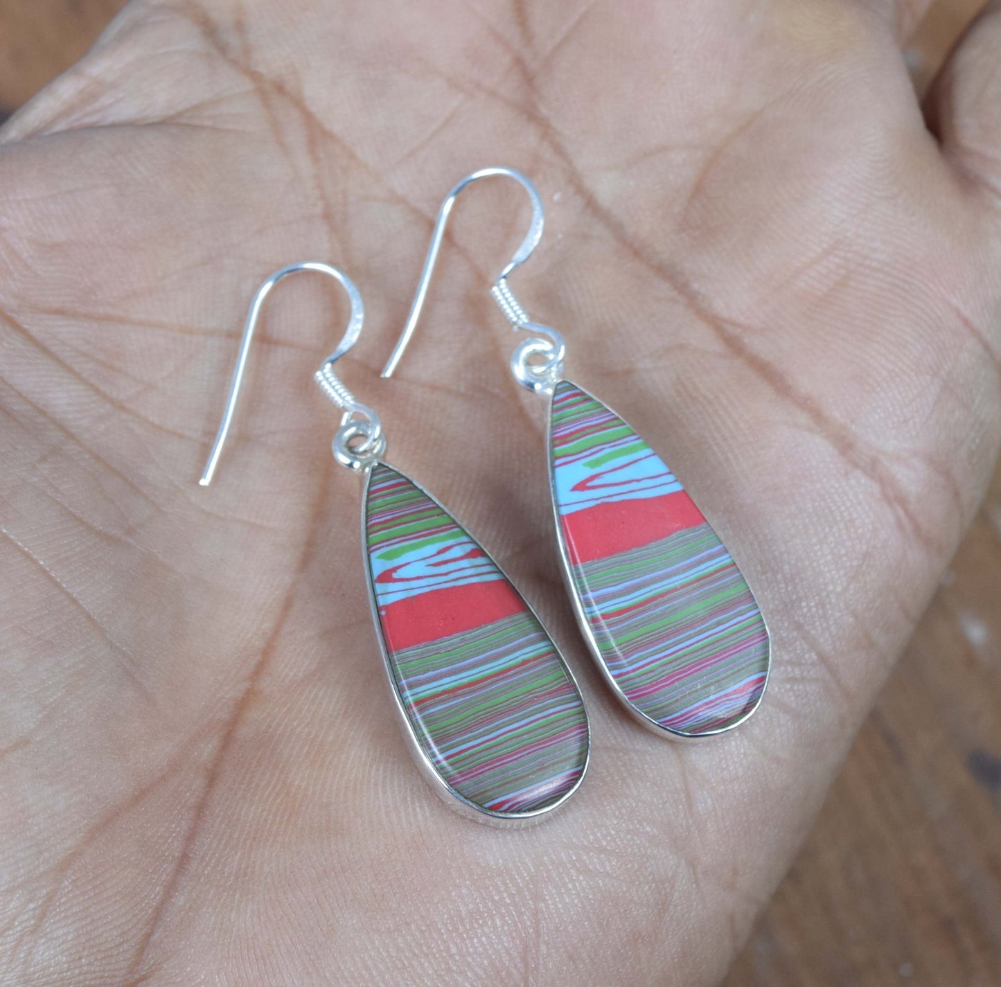 925 Solid Sterling Silver Multi Jasper Hook Earring-1.5 Inch