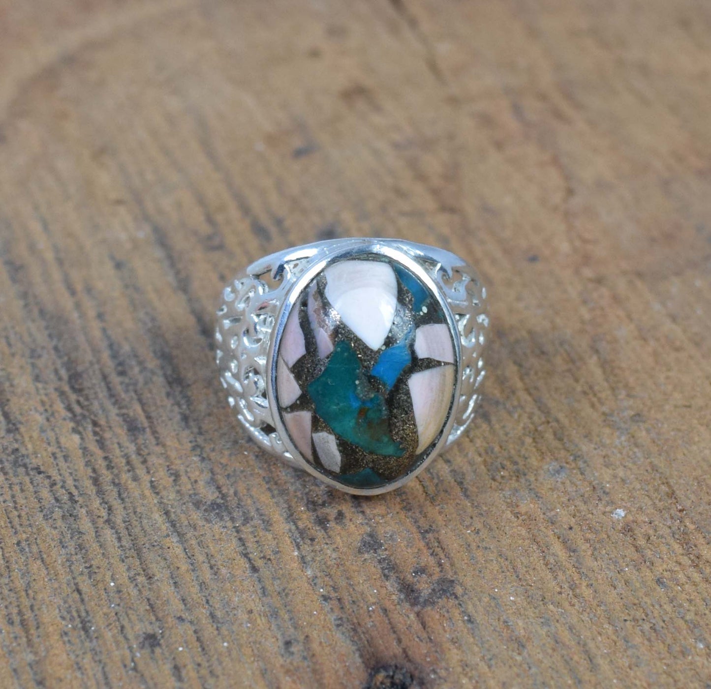 925 Solid Sterling Silver Oyster Turquoise Ring-5 US