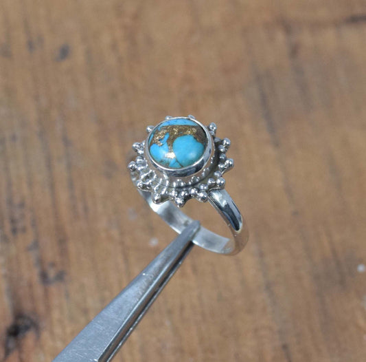 925 Solid Sterling Silver Blue Copper Turquoise Ring-5 US
