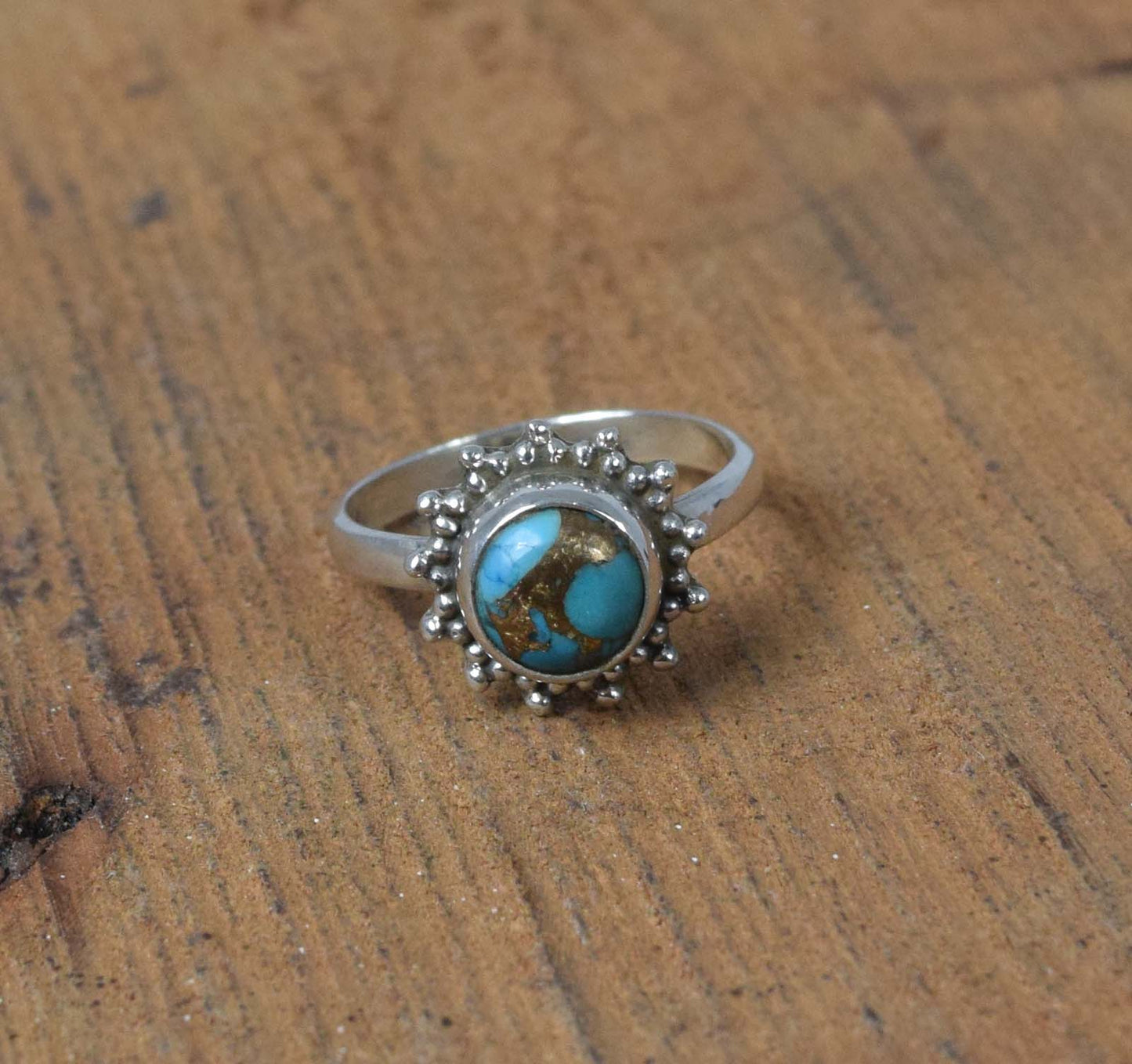 925 Solid Sterling Silver Blue Copper Turquoise Ring-5 US