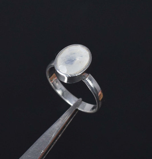 925 Solid Sterling Silver Faceted White Rainbow Moonstone Ring-6 US