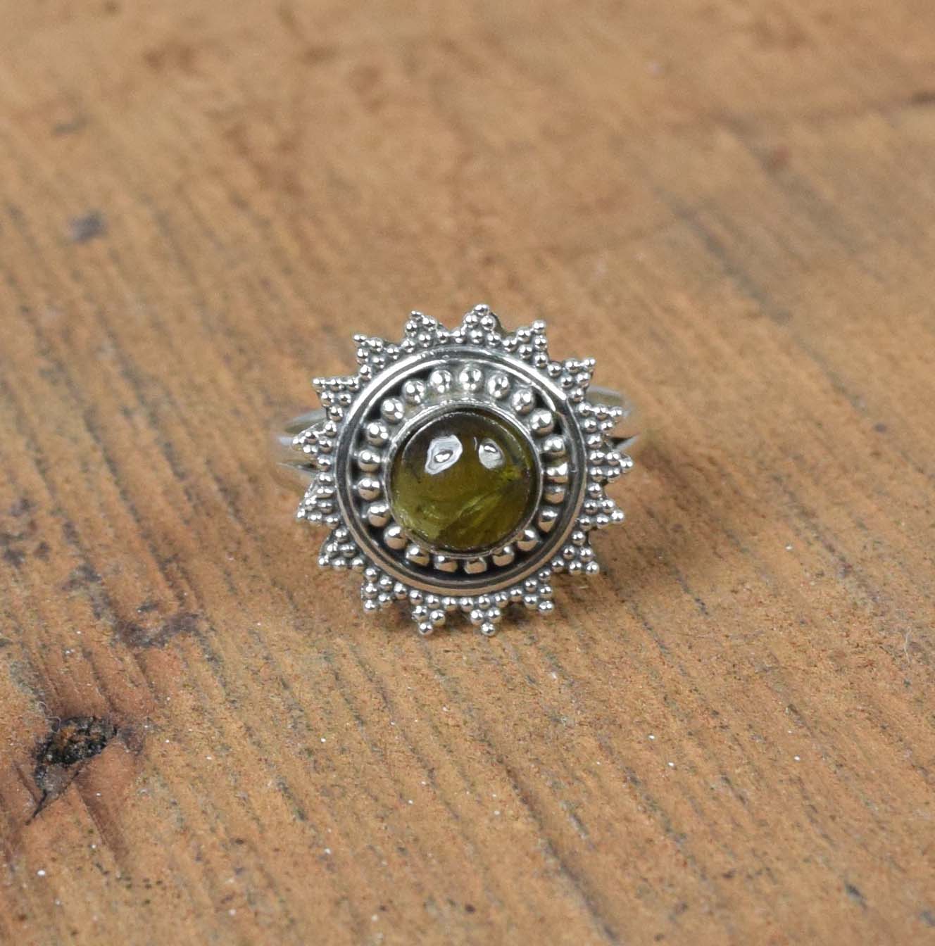 925 Solid Sterling Silver Green Tourmaline Ring-5 US
