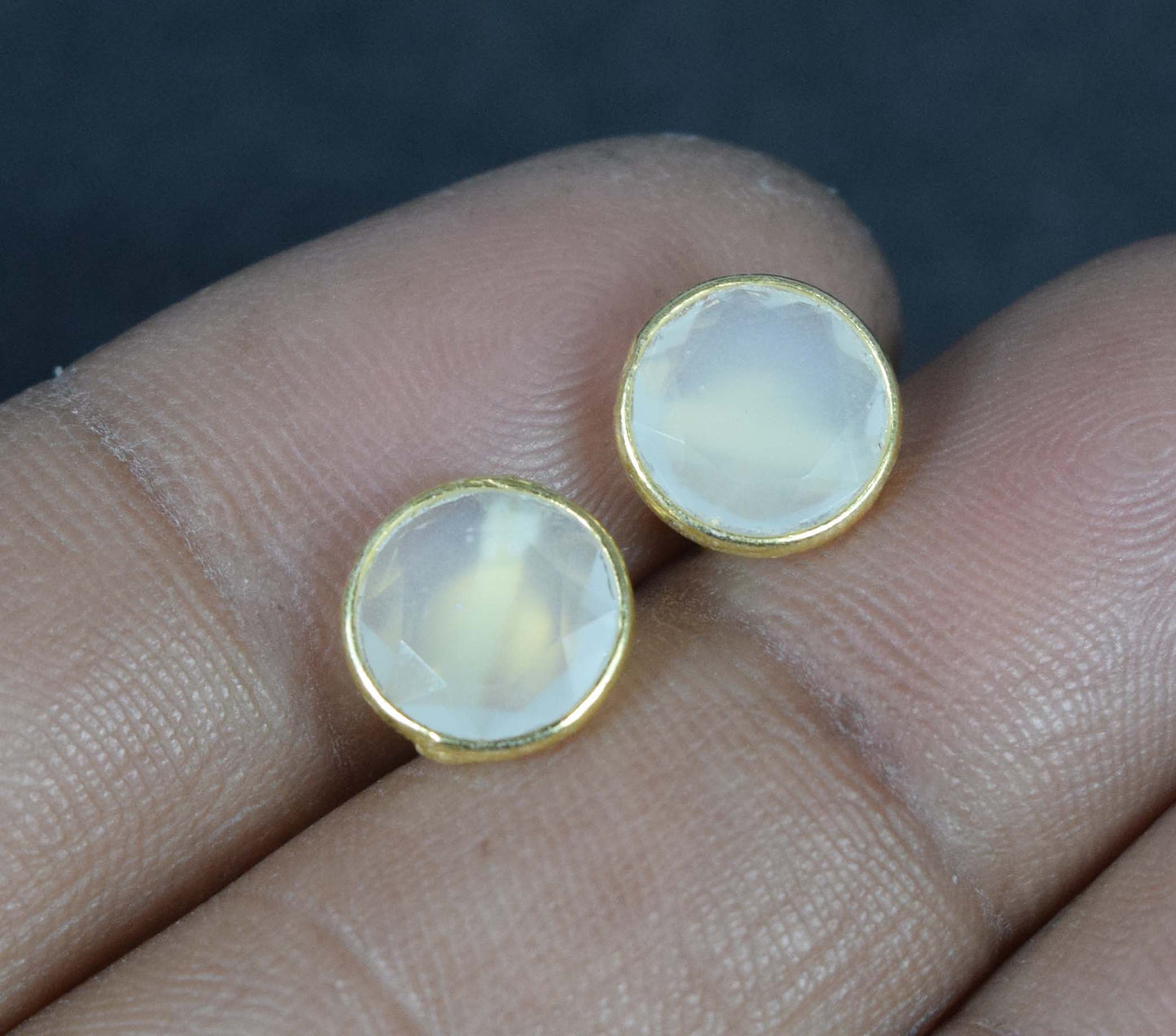 925 Solid Sterling Silver 24CT Gold Overlay Cut Aqua Chalcedony Stud