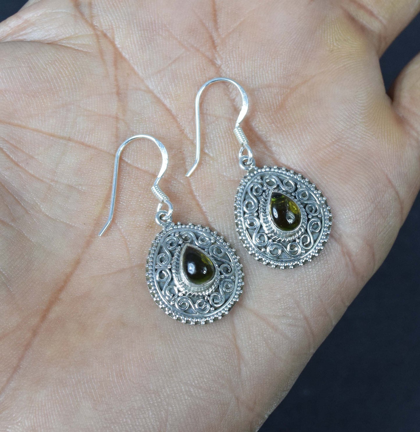925 Solid Sterling Silver Green Tourmaline Hook Earring-1.1 Inch