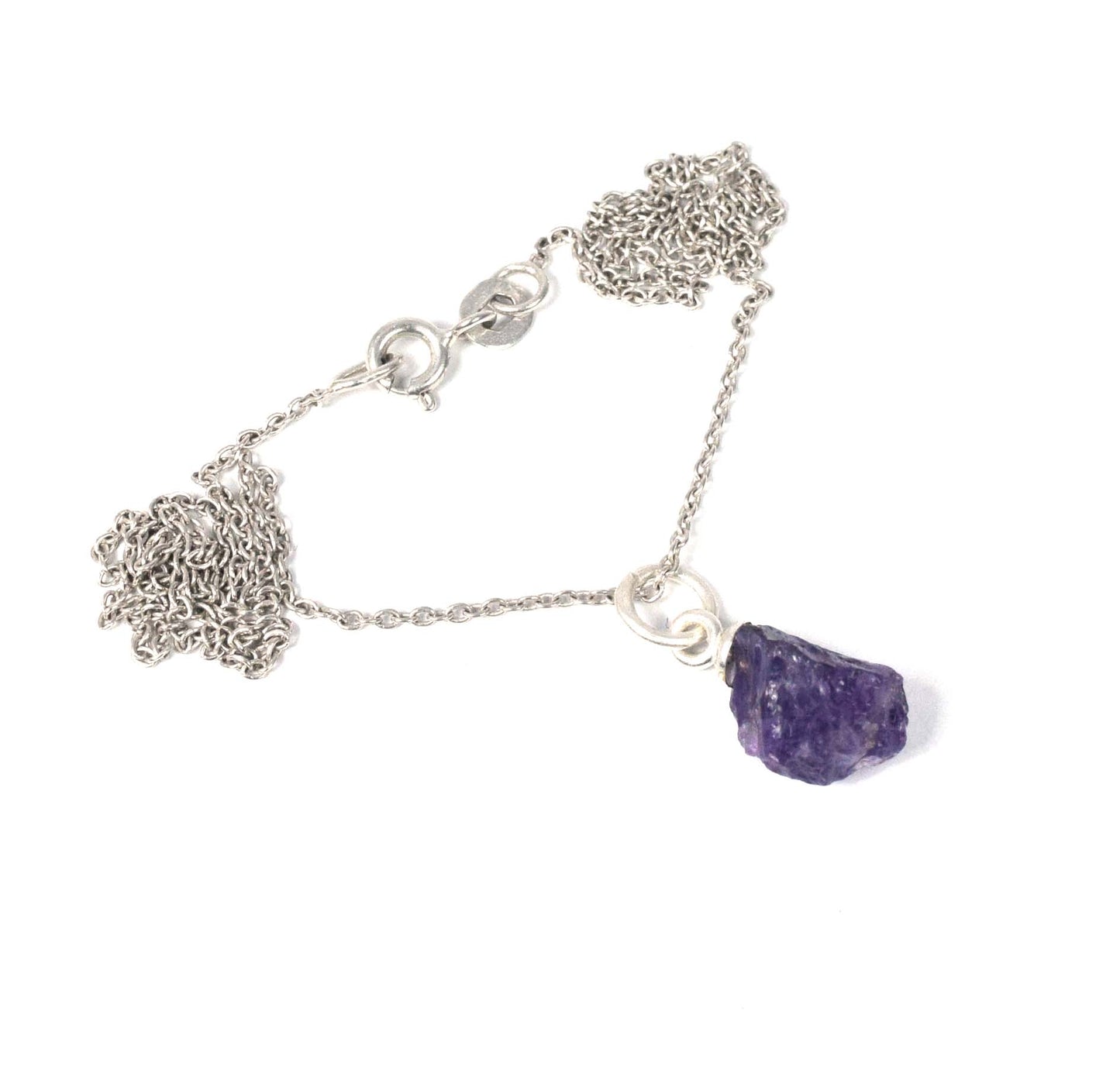 925 Solid Sterling Silver Rough Purple Amethyst Chain Pendant