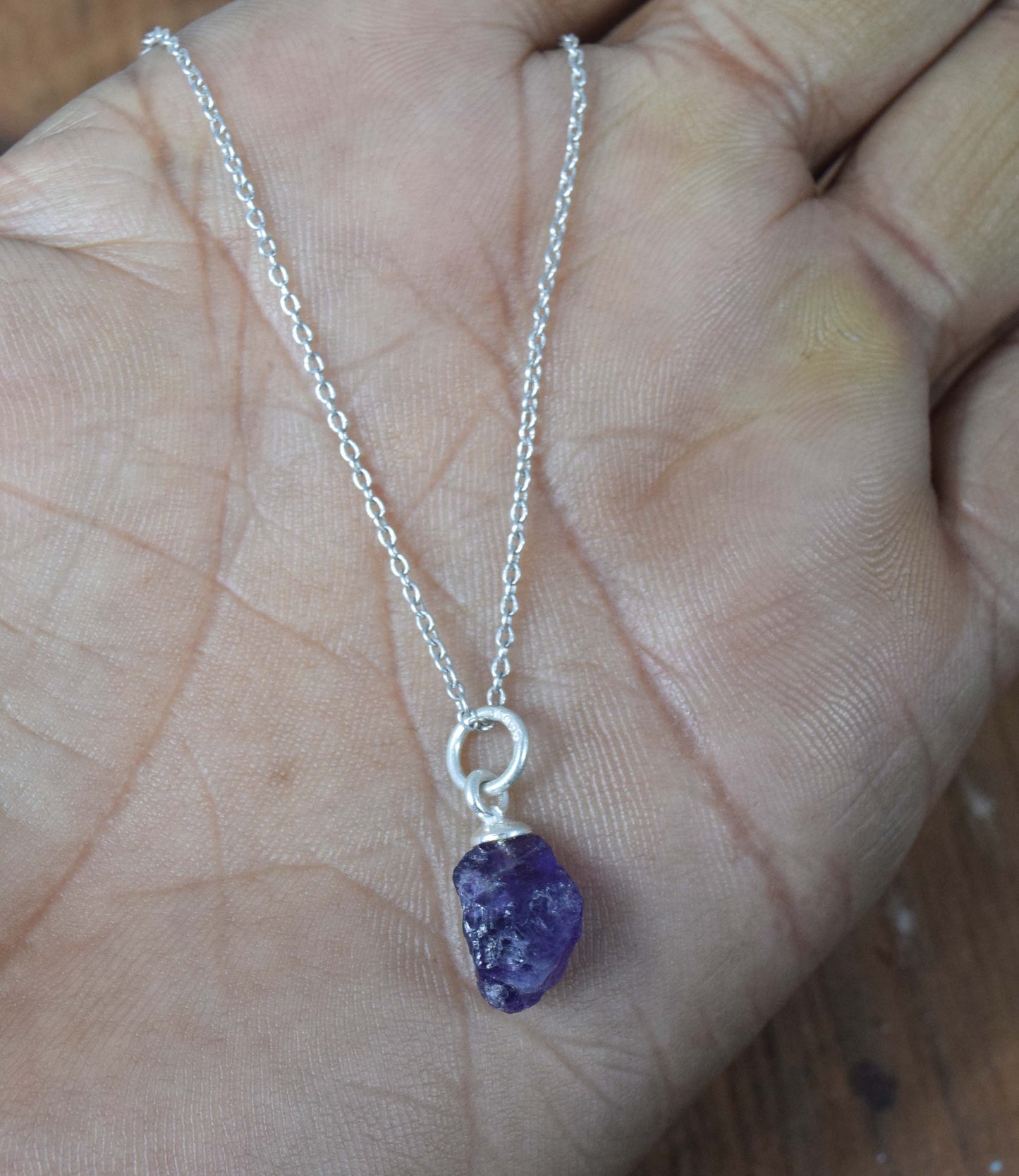 925 Solid Sterling Silver Rough Purple Amethyst Chain Pendant