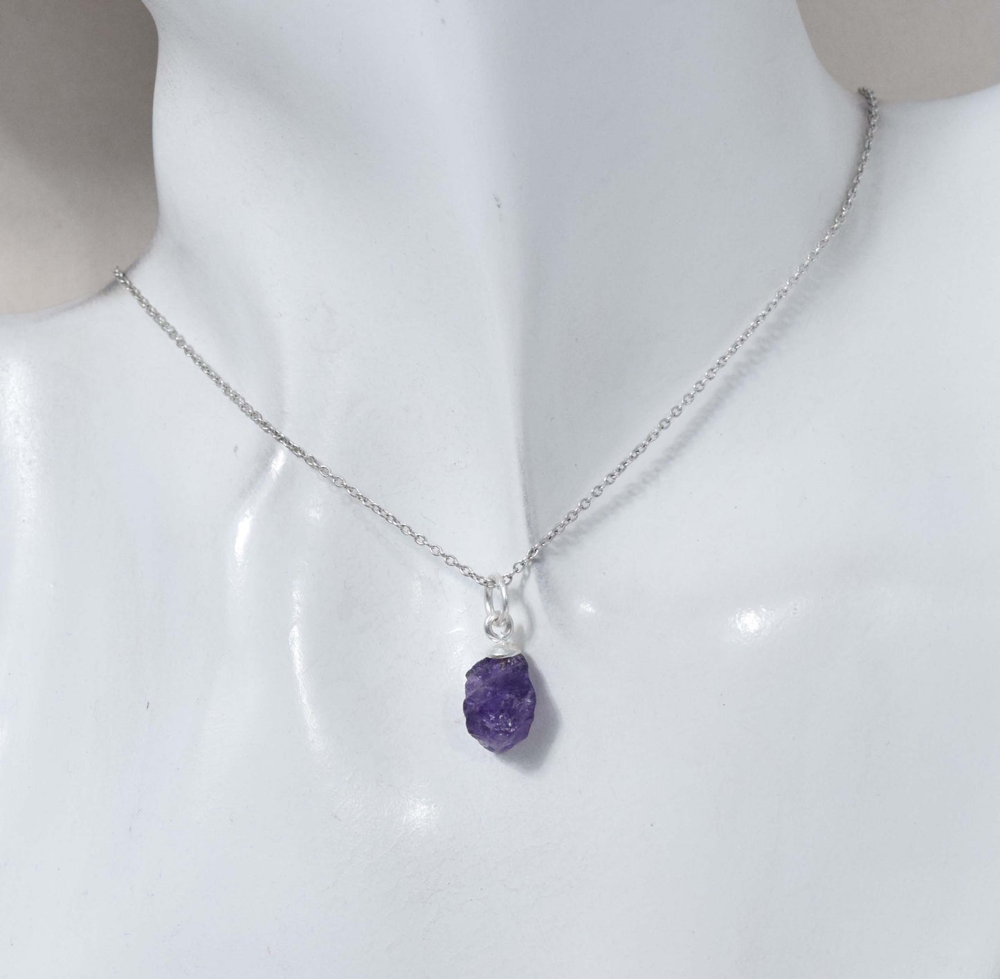 925 Solid Sterling Silver Rough Purple Amethyst Chain Pendant