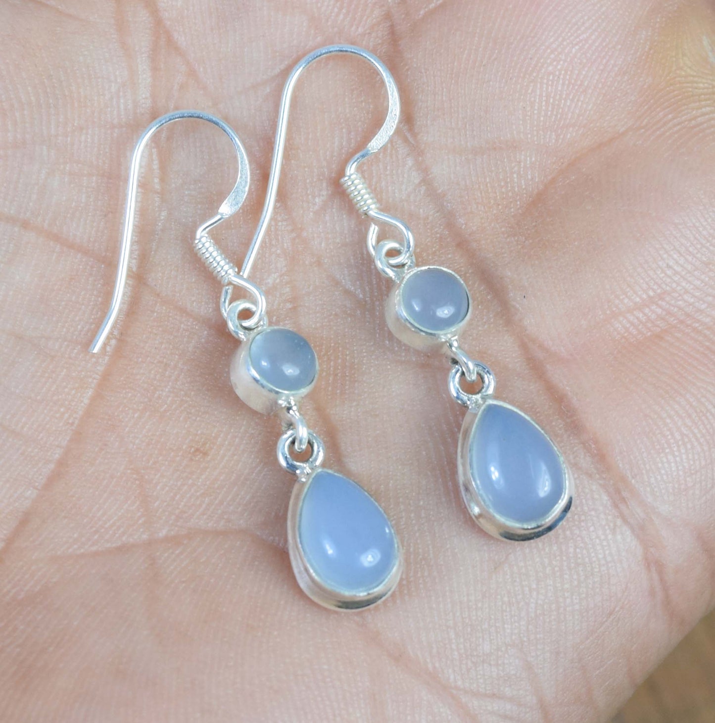 925 Solid Sterling Silver Blue Chalcedony Hook Earring-1.4 inch