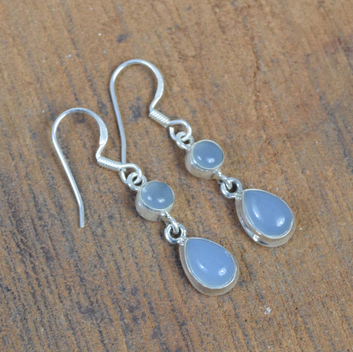 925 Solid Sterling Silver Blue Chalcedony Hook Earring-1.4 inch