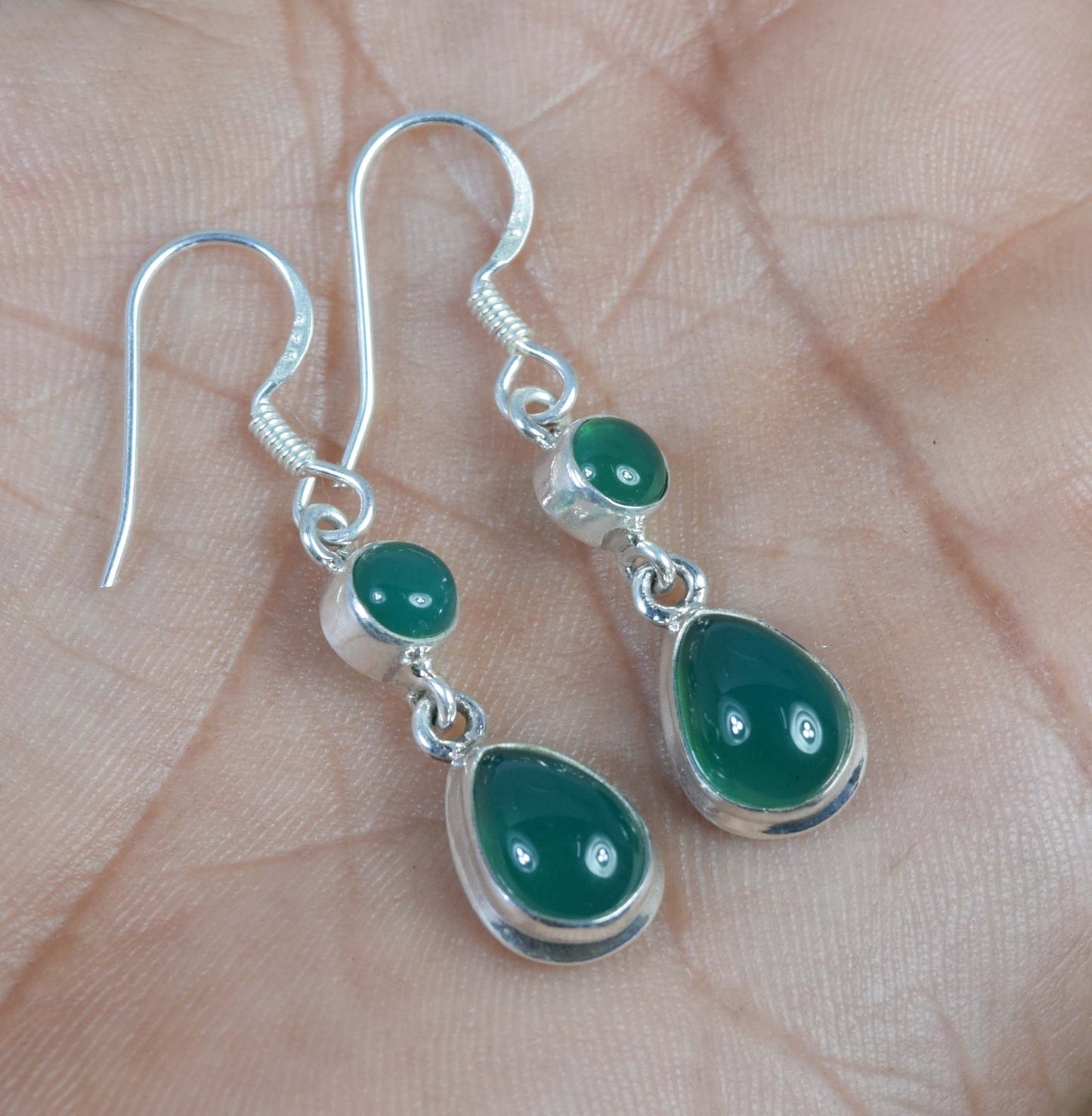 925 Solid Sterling Silver Green Onyx Hook Earring-1.4 inch