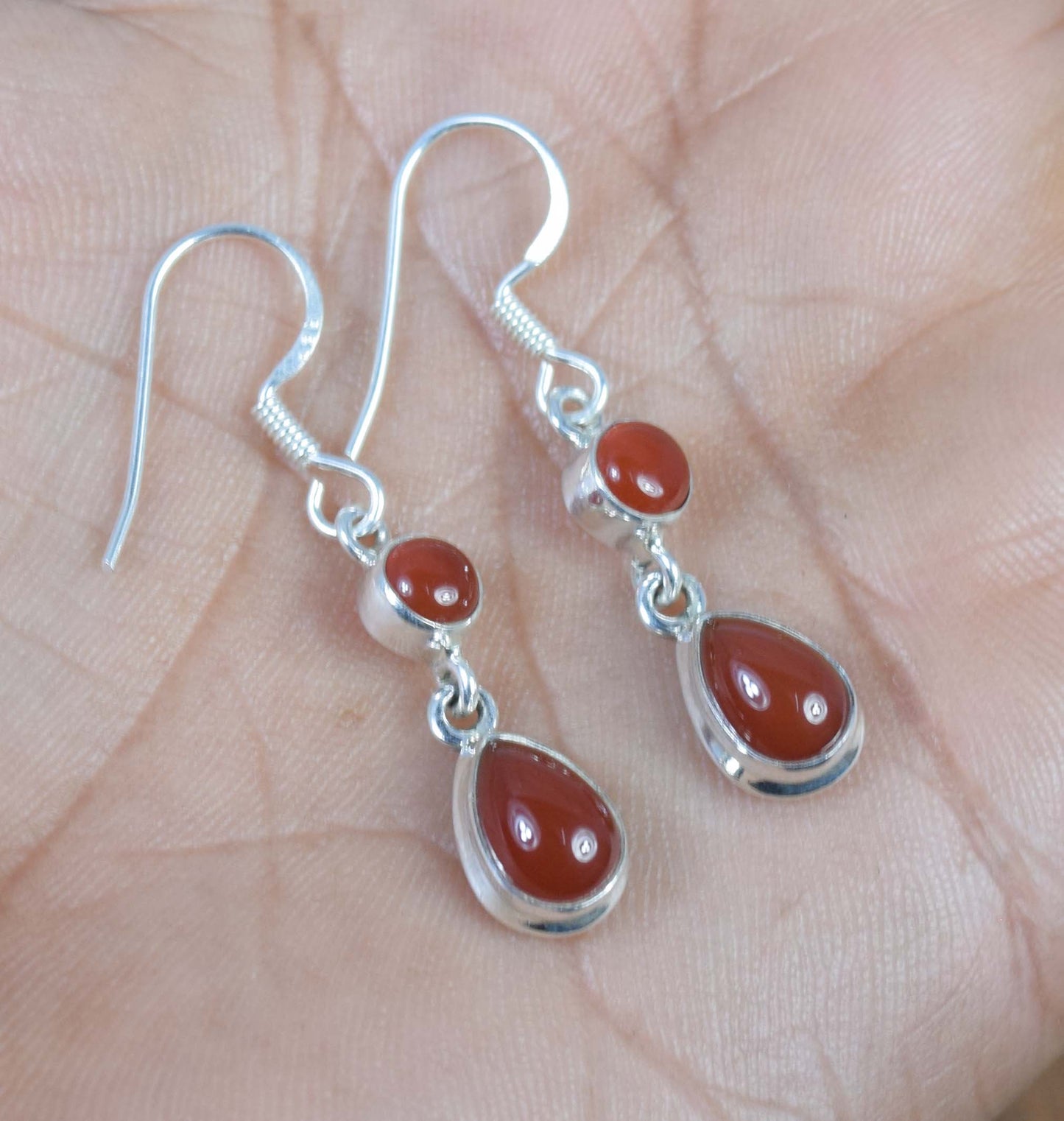 925 Solid Sterling Silver Red Carnelian Hook Earring-1.4 inch
