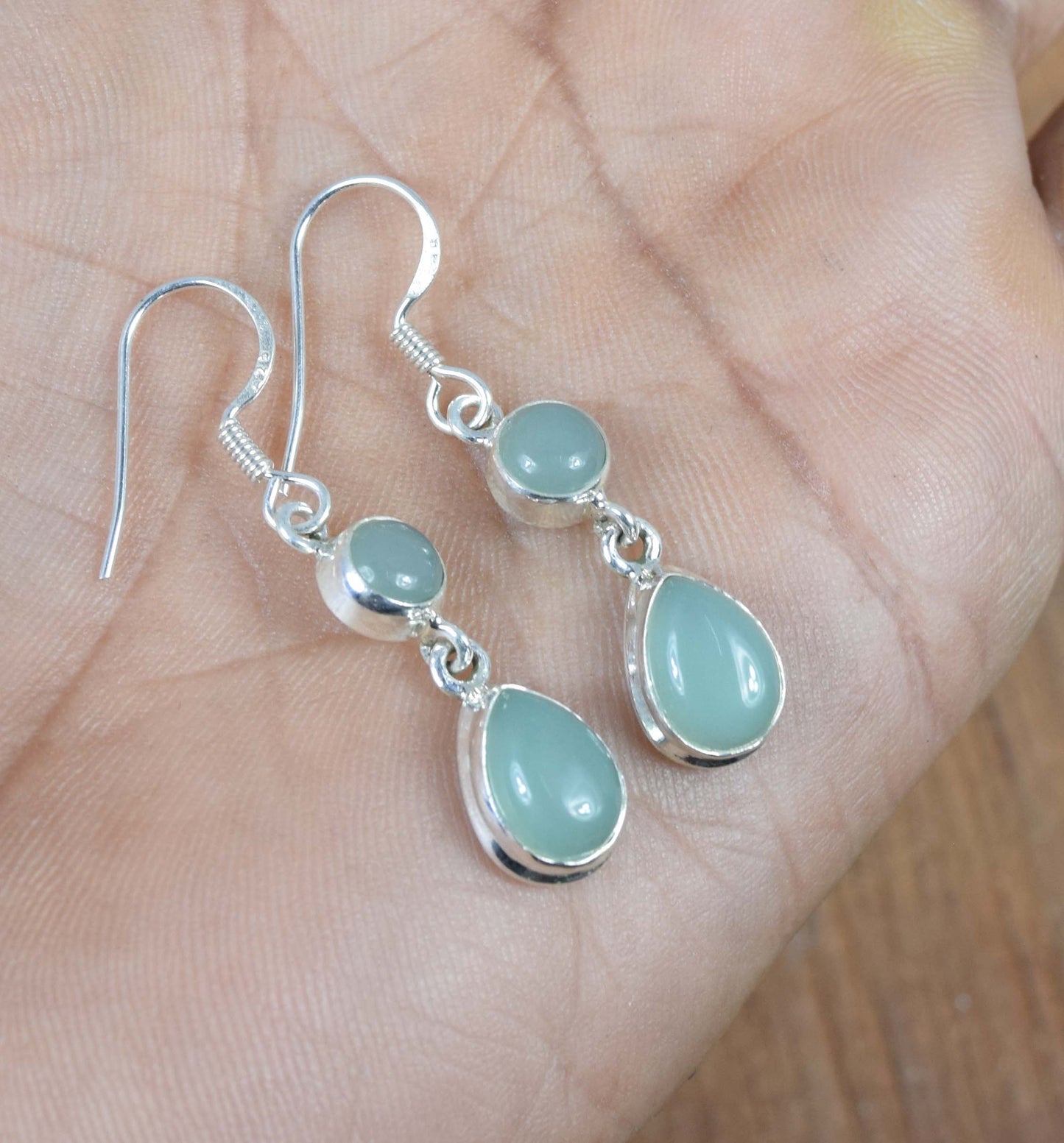 925 Solid Sterling Silver Aqua Chalcedony Hook Earring-1.5 inch