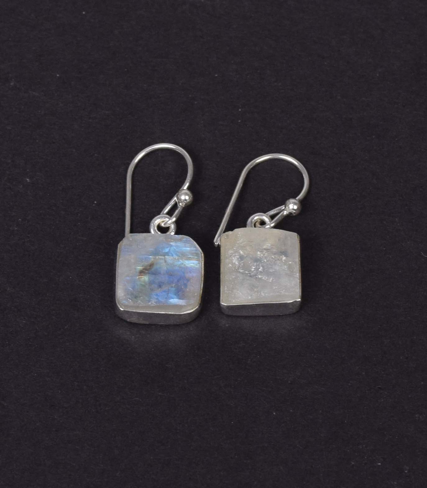 925 Solid Sterling Silver Rough White Rainbow Moonstone Hook Earring