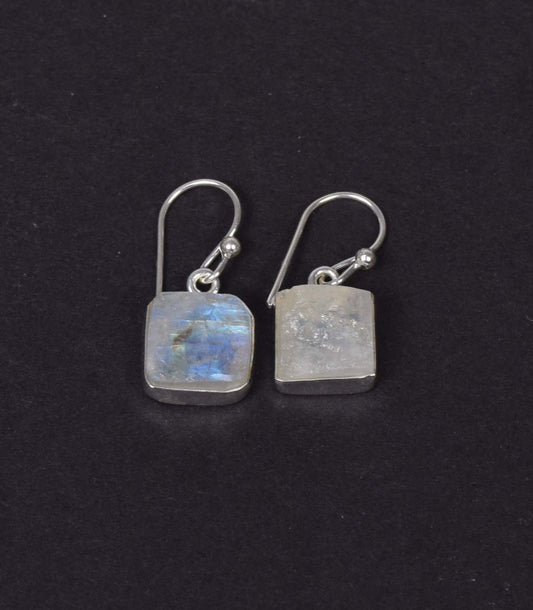 925 Solid Sterling Silver Rough White Rainbow Moonstone Hook Earring
