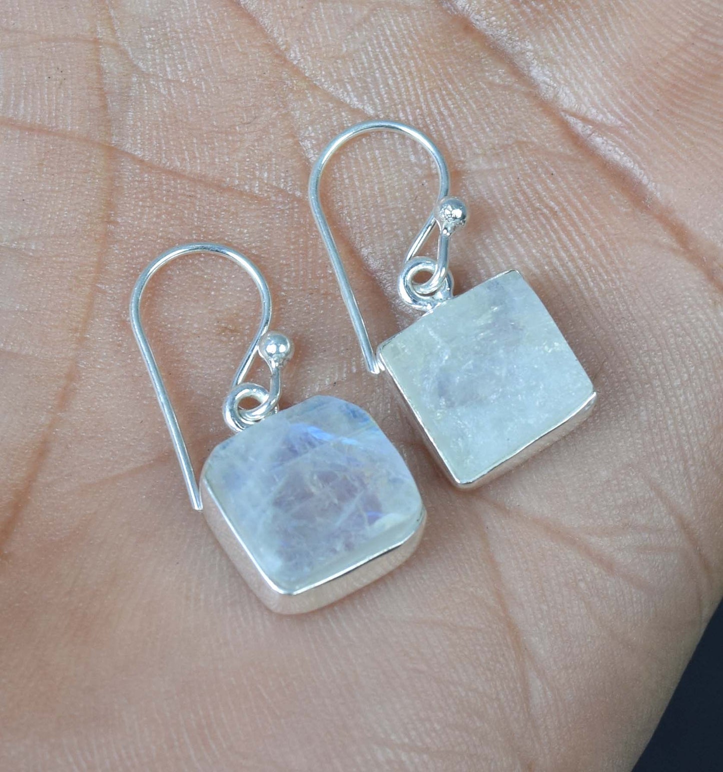 925 Solid Sterling Silver Rough White Rainbow Moonstone Hook Earring