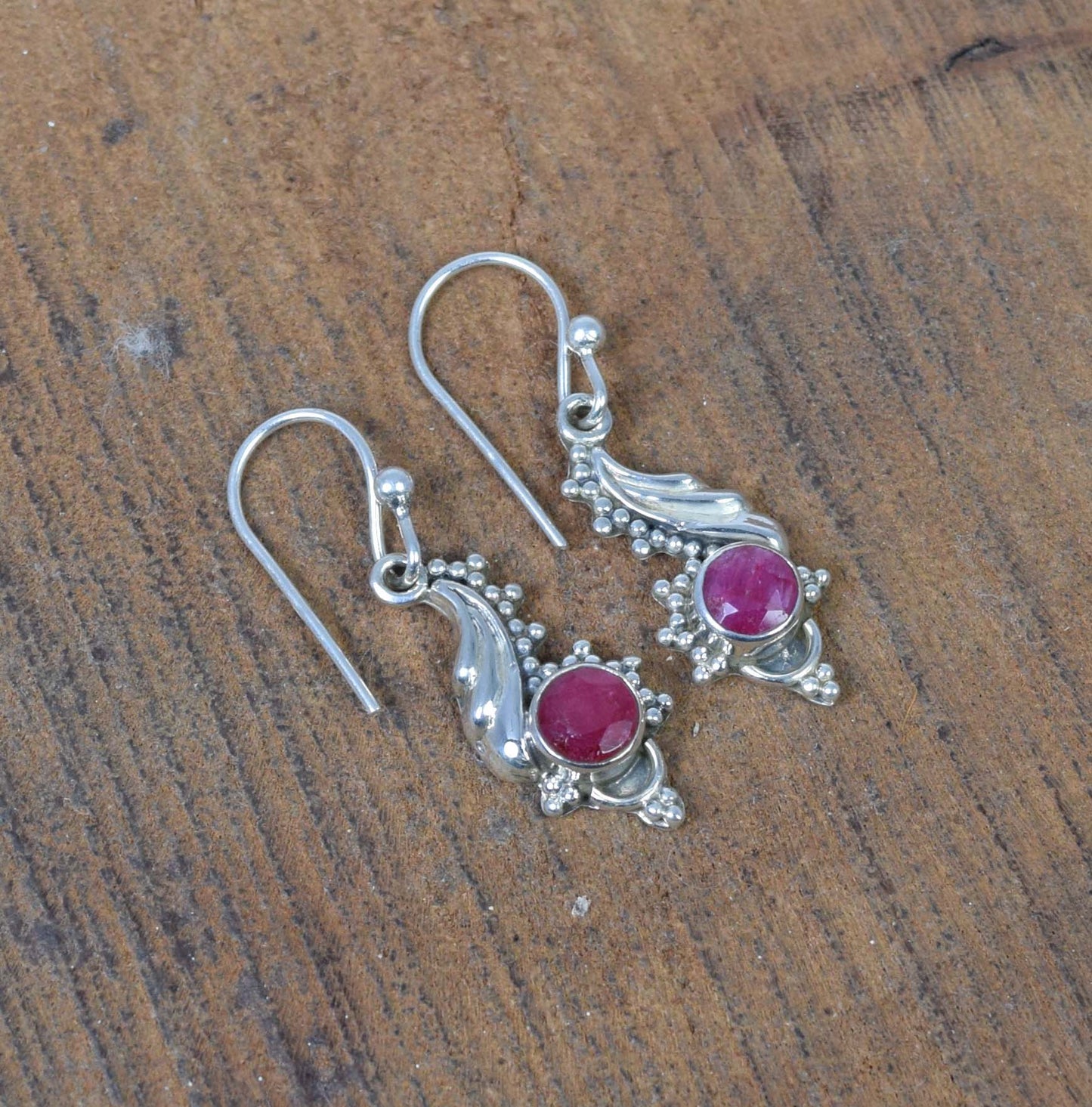 925 Solid Sterling Cut Red Simulated Ruby Hook Earring