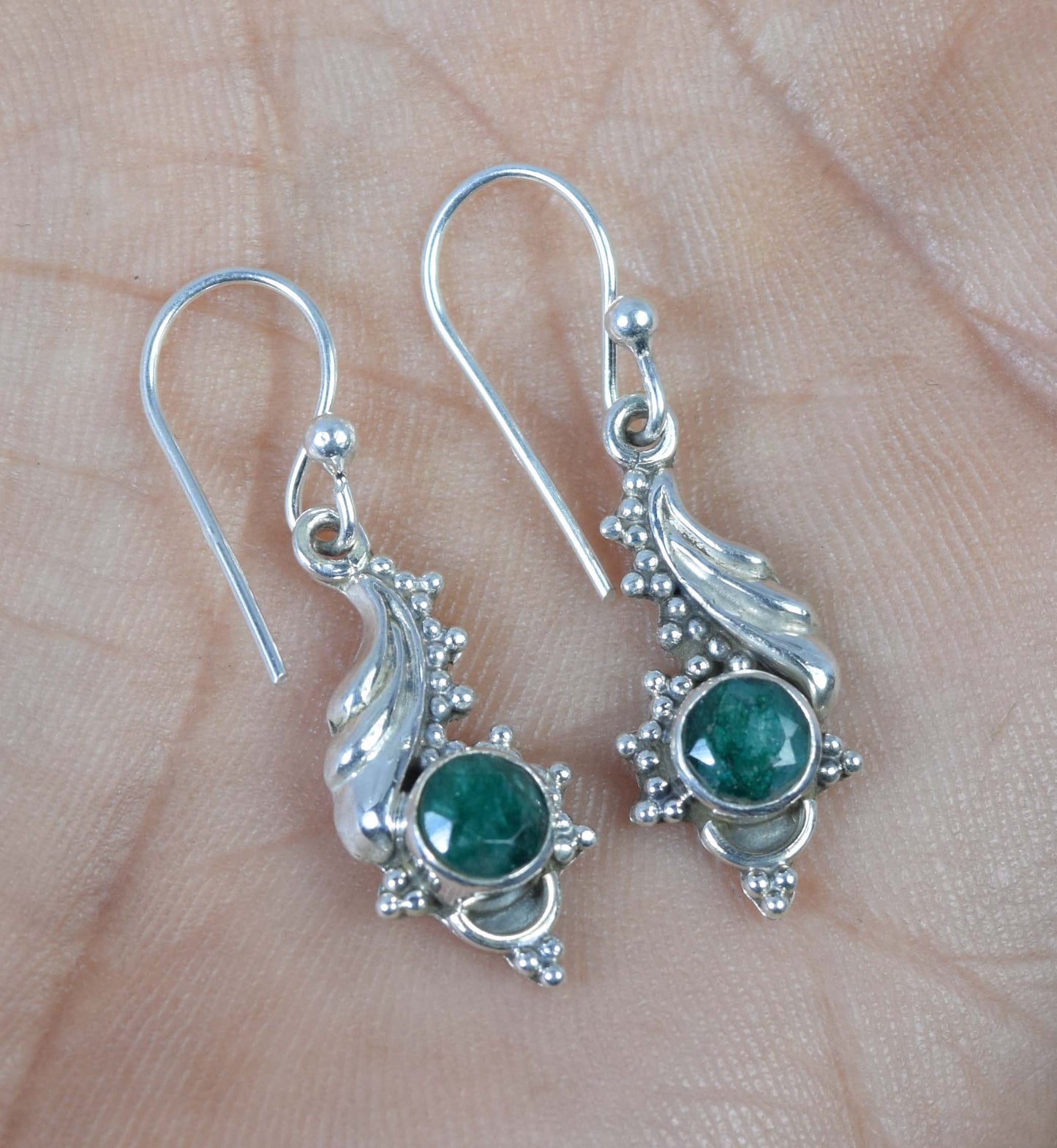 925 Solid Sterling Silver Cut Green Simulated Emerald Hook Earring